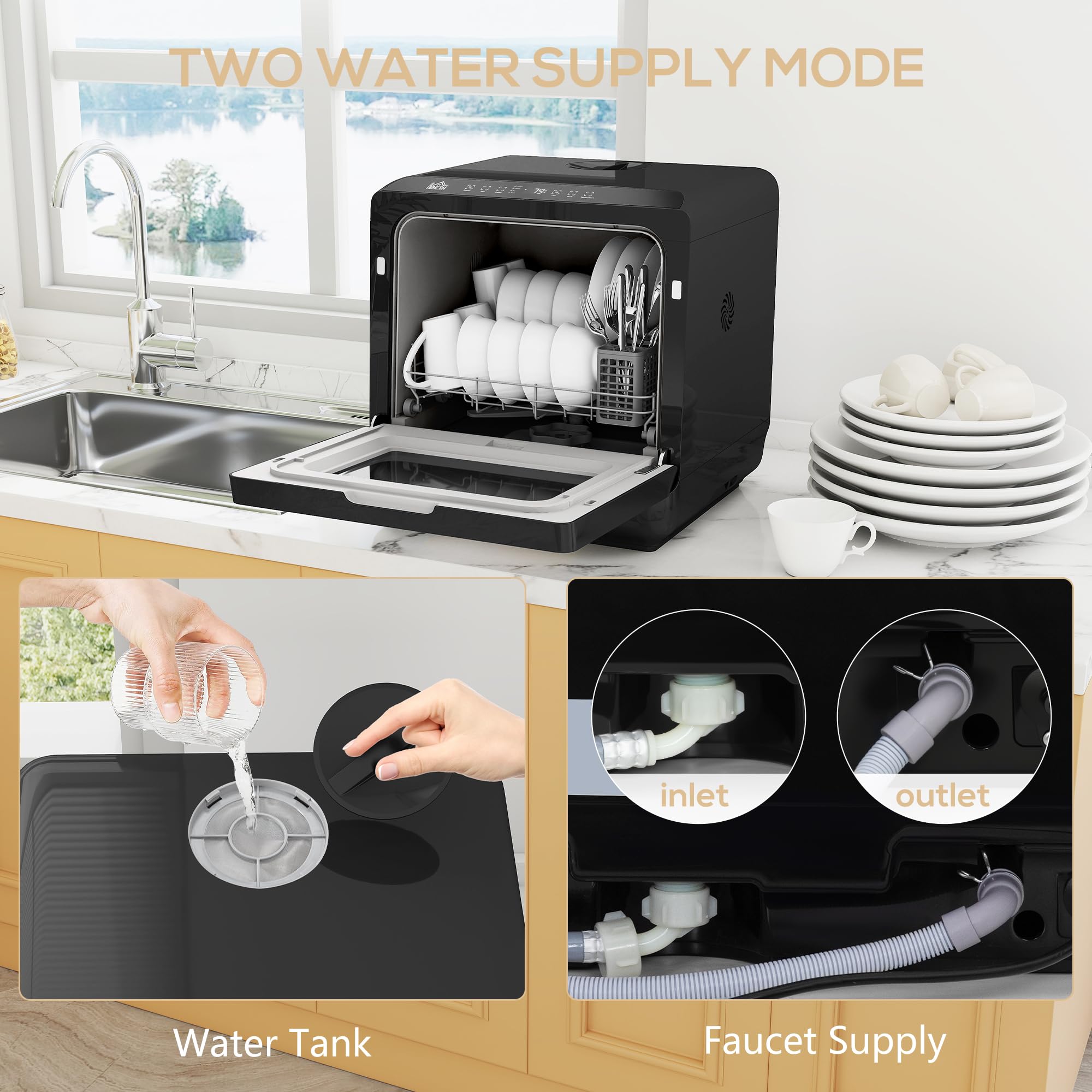 HOMCOM Table Top Dishwasher, Mini Countertop Dishwasher No Plumbing with Built-in 6L Water Tank, 6 Programs, Touch Control, LED Display, 4 Place Settings, Dual Water Supply and Fruit Wash, Black — view 5