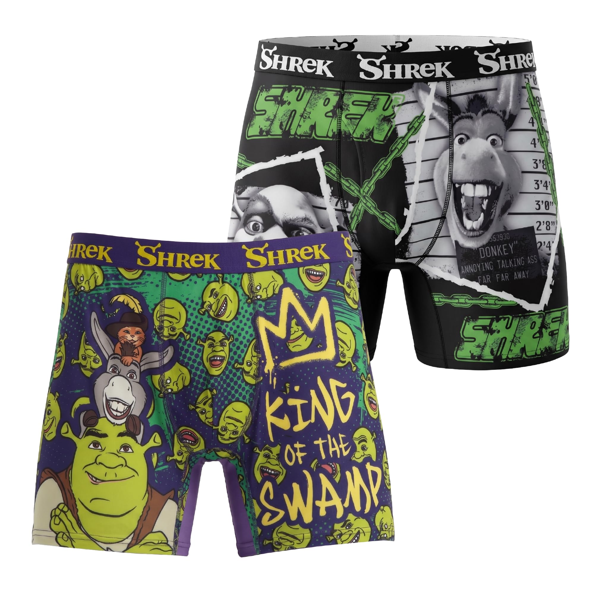 COCO BRANDS Shrek Mens Boxer Briefs - 1Pack/2Pack No Fly Anti-Chafing Comfort Shaped/Cotton Lined Crotch Boxers for Men, Black Shrek Print-2pk, L