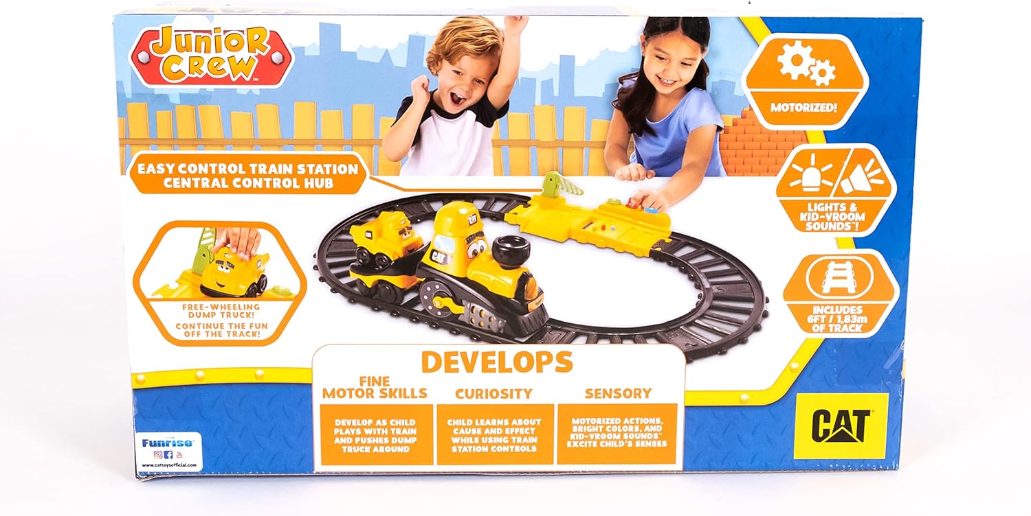 CAT Construction Toys, Power Track Friends Preschool Train Set, 8 Pieces of Easy-to-Assemble Track, Light & Sounds, Motorized Train & Car Carrier, Develops Fine Motor Skills