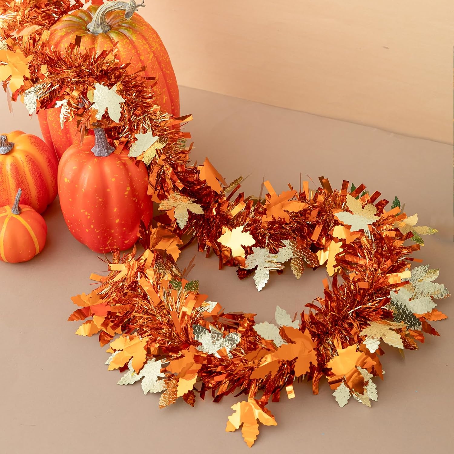 33Ft Thanksgiving Tinsel Garland, Golden Maple Leaf Metallic Tinsel Garland Hanging Decoration for Autumn Thanksgiving Halloween Party Decoration