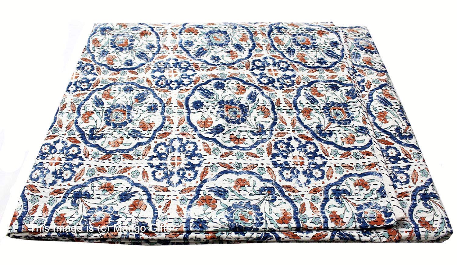 Handmade Block Print Kantha Stitch Decorative Bedspread, 100% Cotton Export Quality Material, Double Bed-image-11