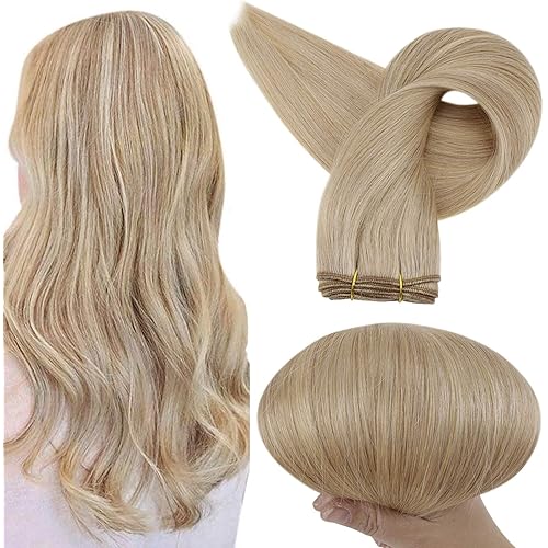 Full Shine Weft Hair Extensions Human Hair 16 Inch Sew in Extensions Real Remy Hair Highlight Color Golden Blonde Mixed with Light Blonde 100 Grams Hair Wefts Human Hair for Women Thick Hair