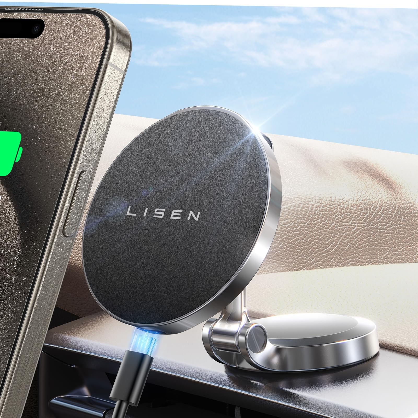LISEN Ładowarka Samochodowa Magsafe [15 W PRO] Bezprzewodowa Ladowarka Samochodowa Magnetyczny Uchwyt na Telefon do iPhone 16 15 14 Pro Max Samsung Galaxy 24 23 Ultra