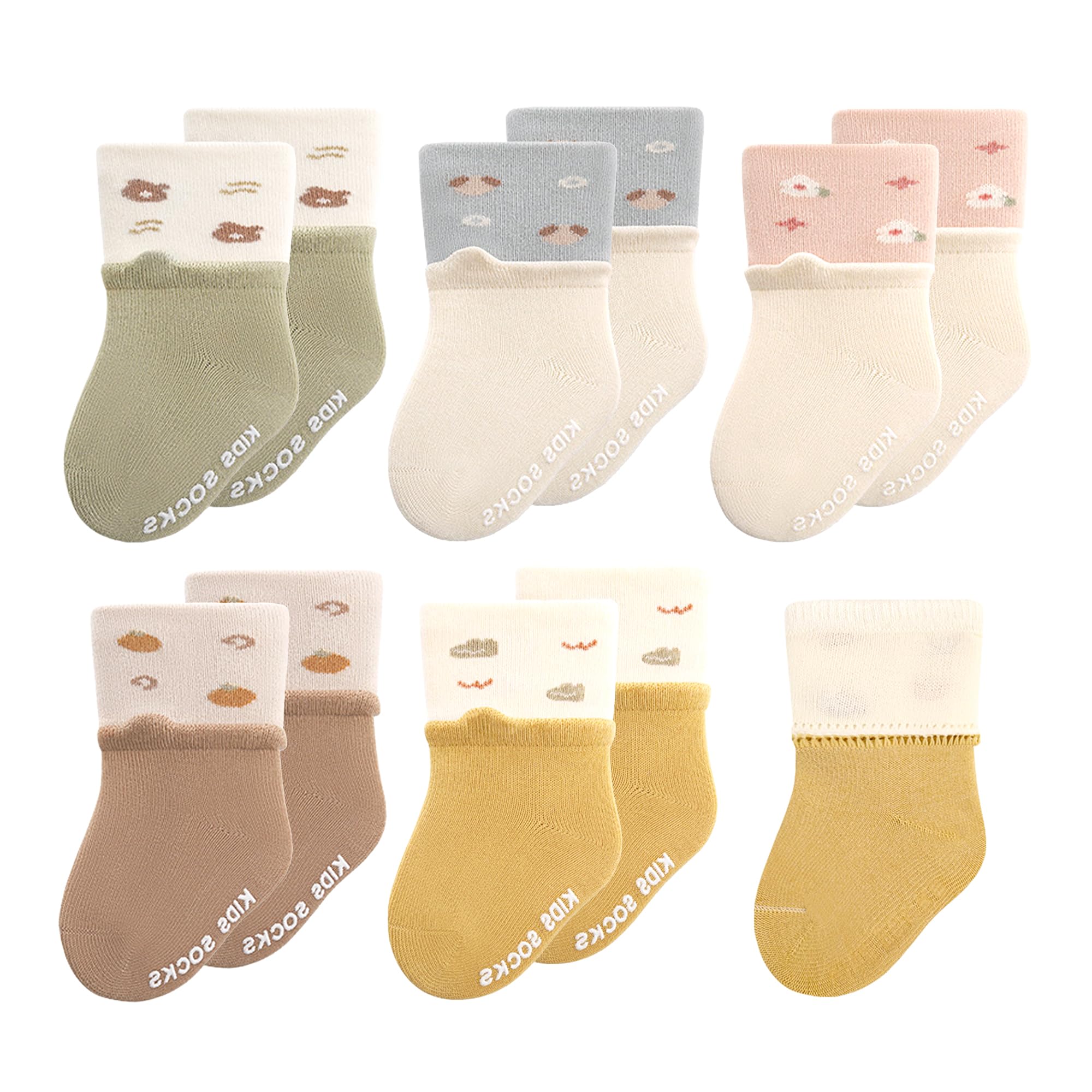 Fly love 5pairs Baby Organic Cotton Socks Cartoon Newborn Anti Slip Crew socks Infant indoor walking Ankle socks (US, Age, 0 Months, 6 Months, Style A)