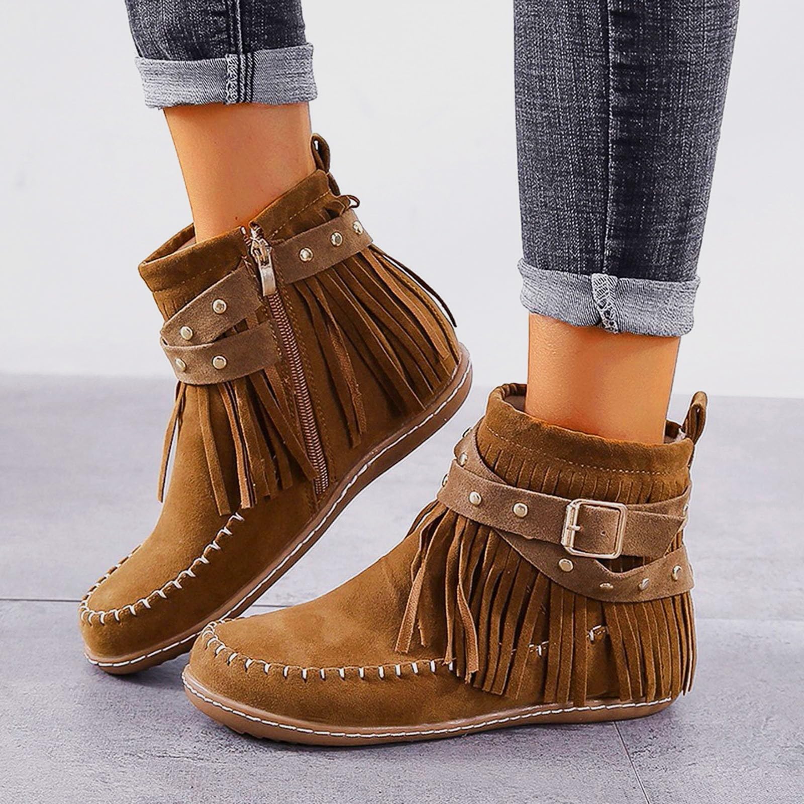 Women's Suede Fringe Boots Round Toe Flat Mocassion Western Cowboy Ankle Boots Cowgirl Suede Tassel Boots Fashion Pull On Short Retro Winter Low Heel