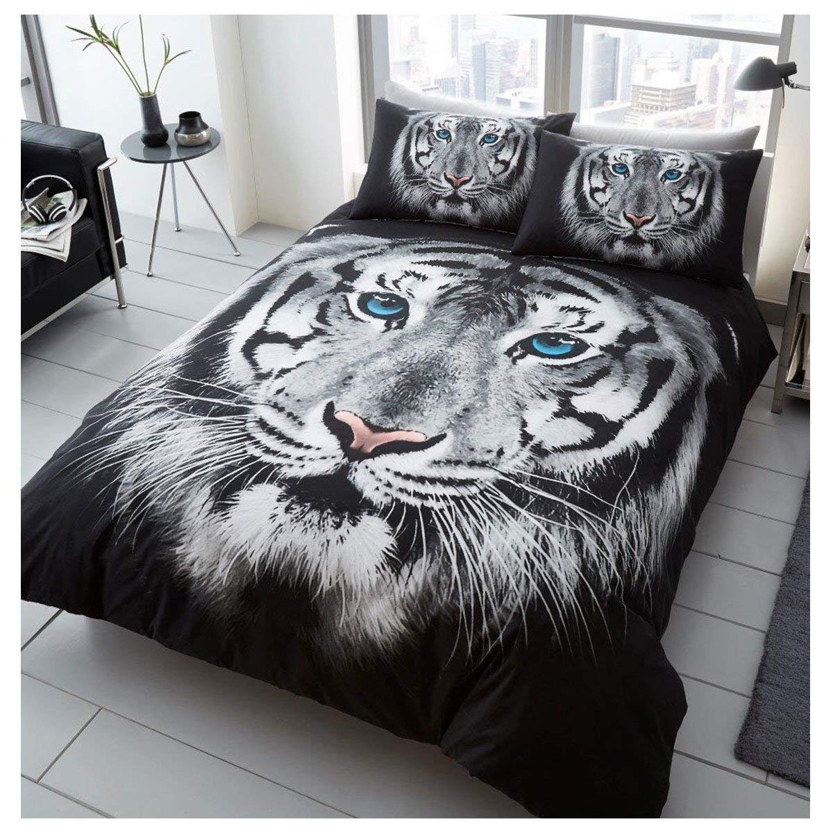 GAVENO CAVAILIA Easy Care Wildlife Bedding, 3D Animal Duvet Cover Tiger Face Wild Life Quilt Set Luxury Beding, Polycotton, White, DOUBLE