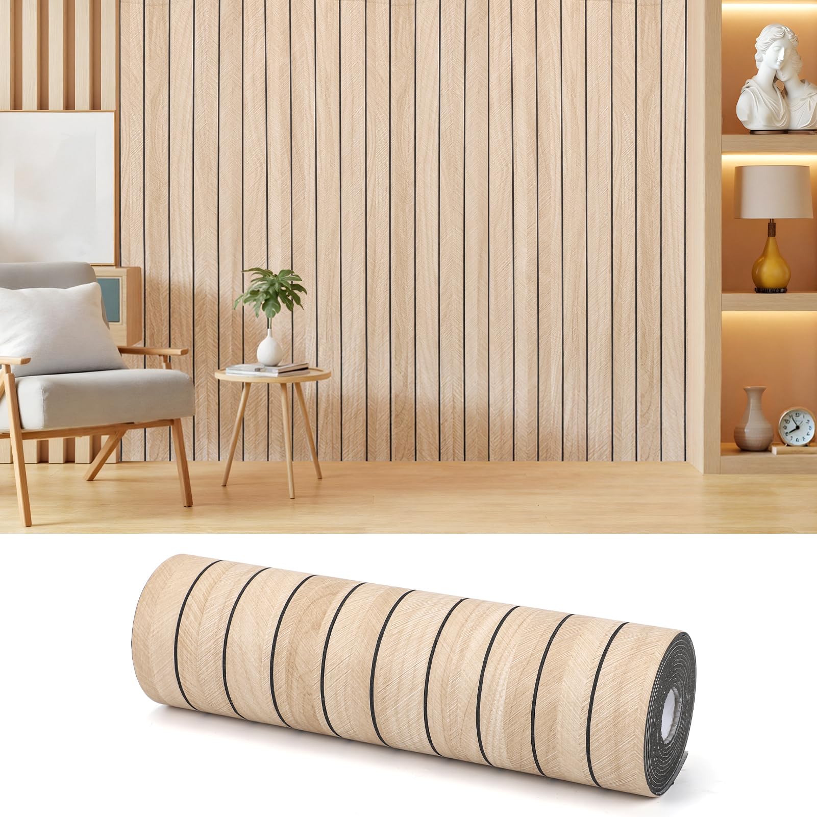 Panel de pared de listones gruesos autoadhesivo 3D de grano de madera | Adhesivo de papel tapiz insonorizado resistente a la humedad para pared y techo (299,7 x 40 cm)