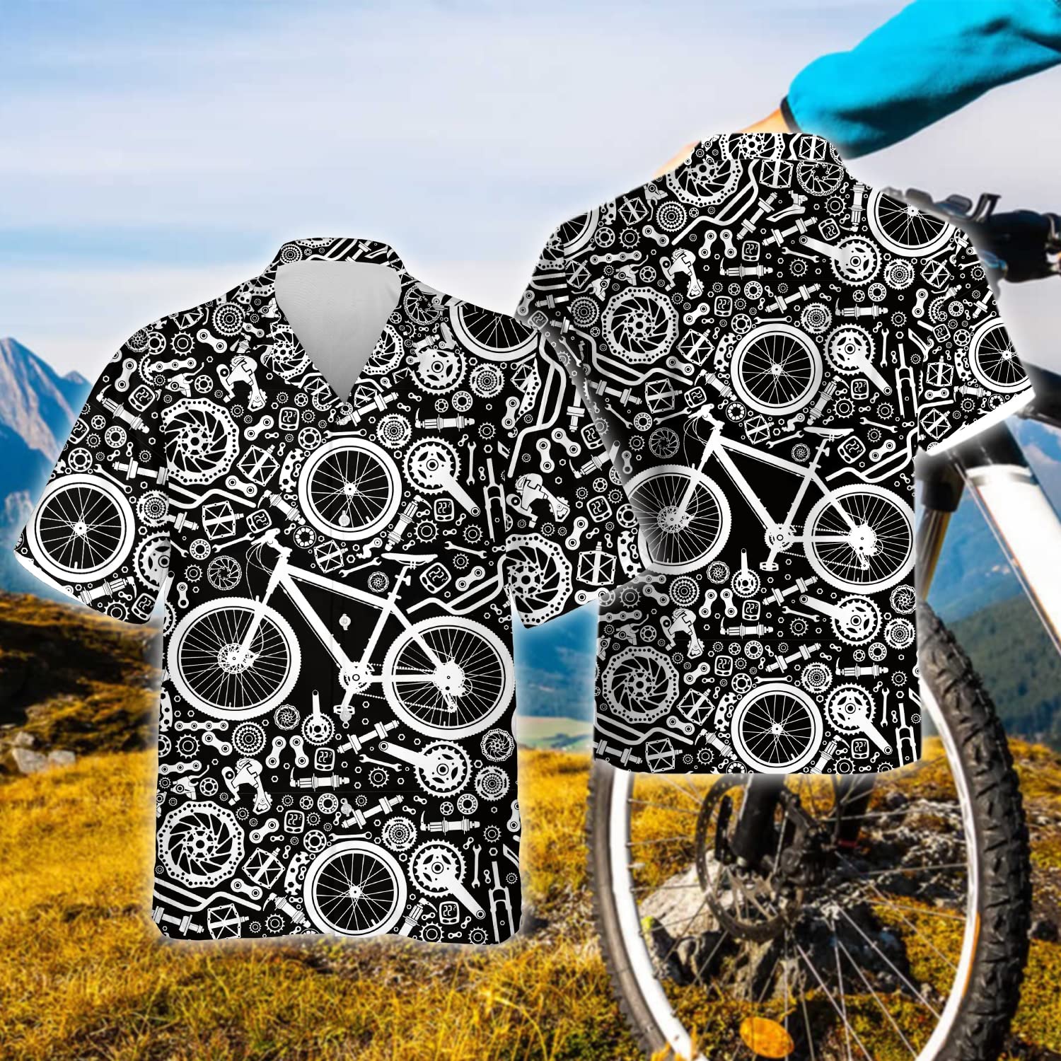 Bike Parts Hawaiian Shirt for Men - Cycling Sport Short Sleeve Button Down Men's Hawaiian Shirts Set 137 Size L