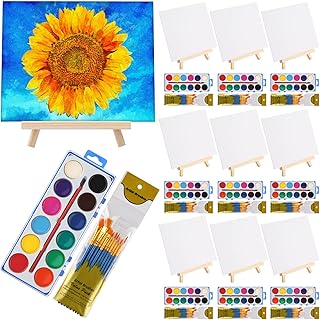 10 Set Paint Kit Wood Easel Set Include 10 Wood Easels 10 Pcs Canvases 100 Pcs Brushes and 10 Pcs Watercolor Paint Painting Supplies Kit Wooden Art Easel for Kids and Adults (8 x 10 Inch)