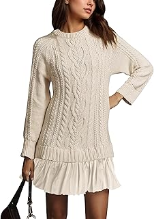 Women's Cable Knit Sweater Dress Causal Crew Neck Long Sleeve Patchwork ...