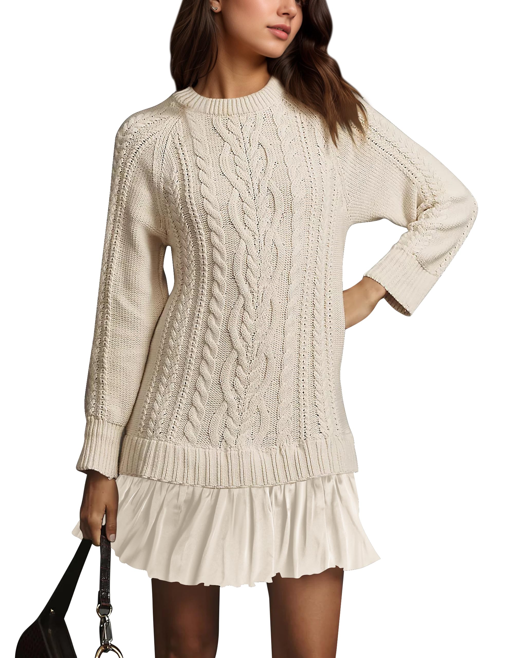 MISSACTIVER Womens Cable Knit Sweater Dress Causal Crew Neck Long Sleeve Patchwork Pleated Knit Pullovers Mini Dresses