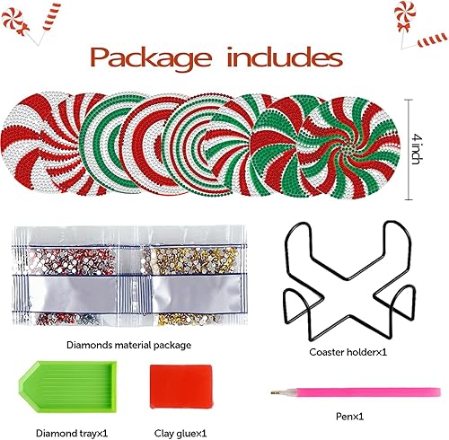 Miniatura 2 de 8 posavasos de diamantes de caramelo de Navidad con soporte 5D DIY Christmas Candy Art Posavasos para bebidas, kits de arte de diamantes para Navidad
