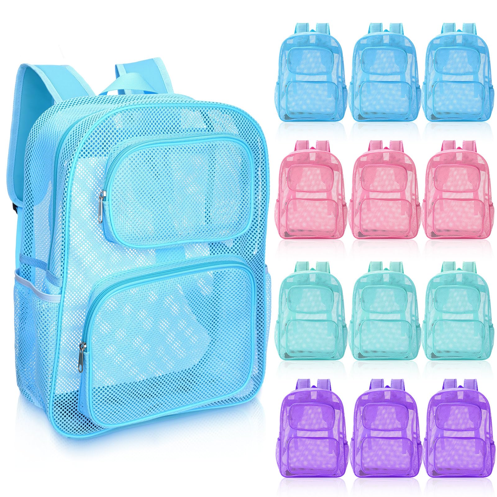 Yeyeplum 12 Pcs Mesh Backpacks Bulk 17 Inch Heavy Duty School Backpacks for Sports Travel Donation Charities(Macaron Colors)