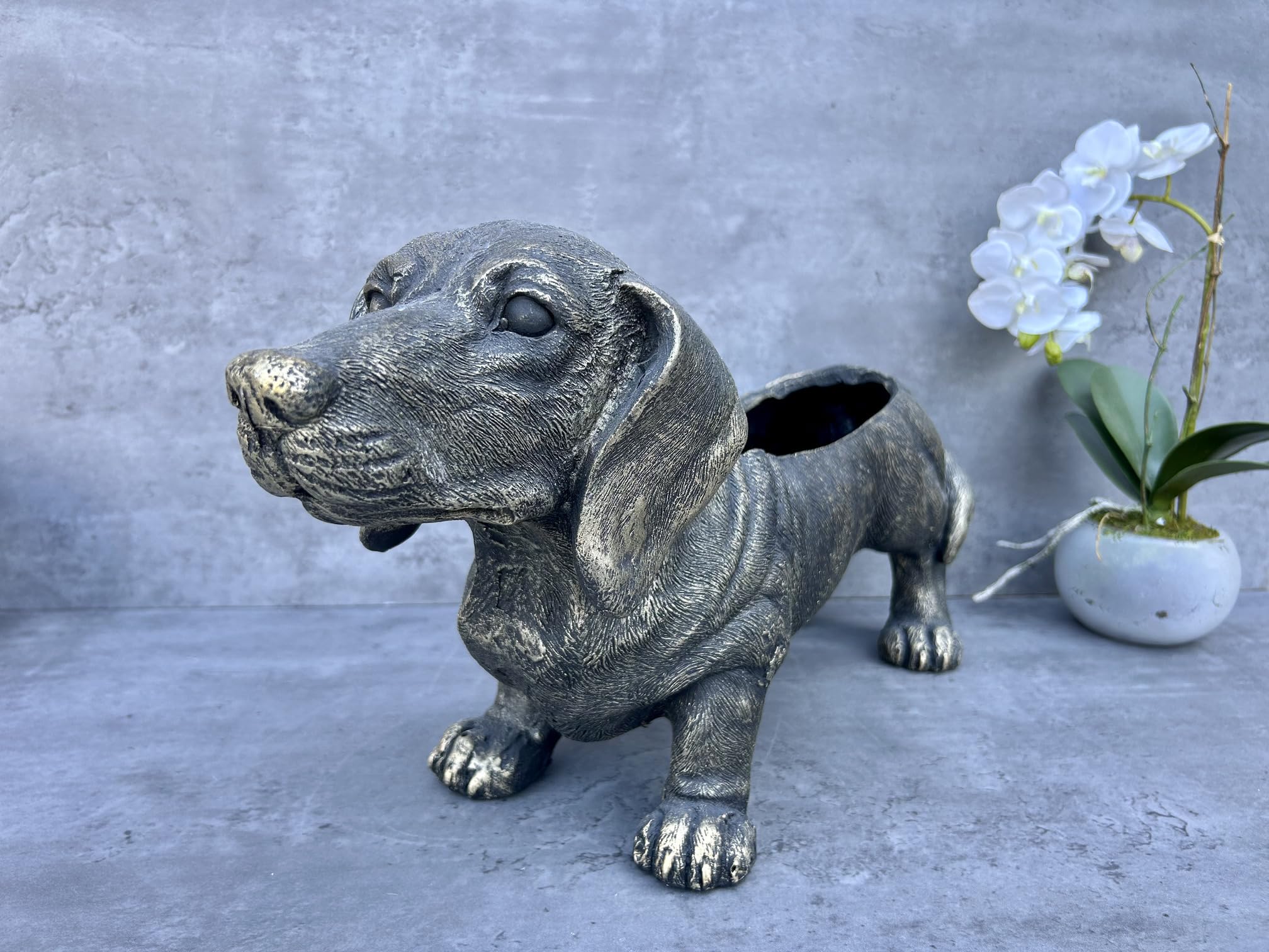 Maisonica Grey 55Cm Dacshund Sausage Dog Planter Plant Pot Holder Display Bronzed
