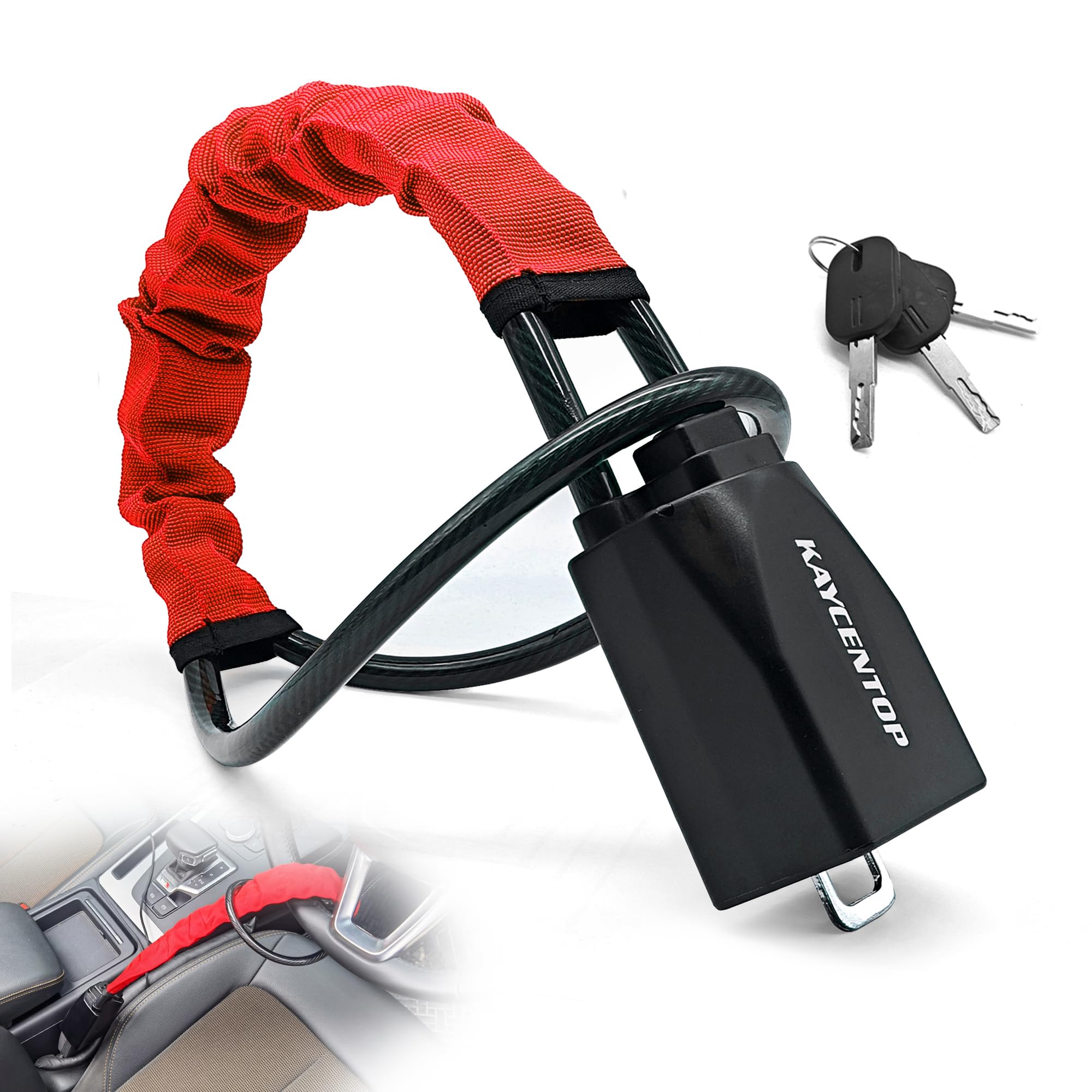 KAYCENTOP Verrou de volant de voiture - Dispositif antivol - Longueur maximale : 43,2 cm - Petit et léger - Multifonctionnel - S'adapte à la plupart des véhicules, SUV, voiturettes de golf - Rouge