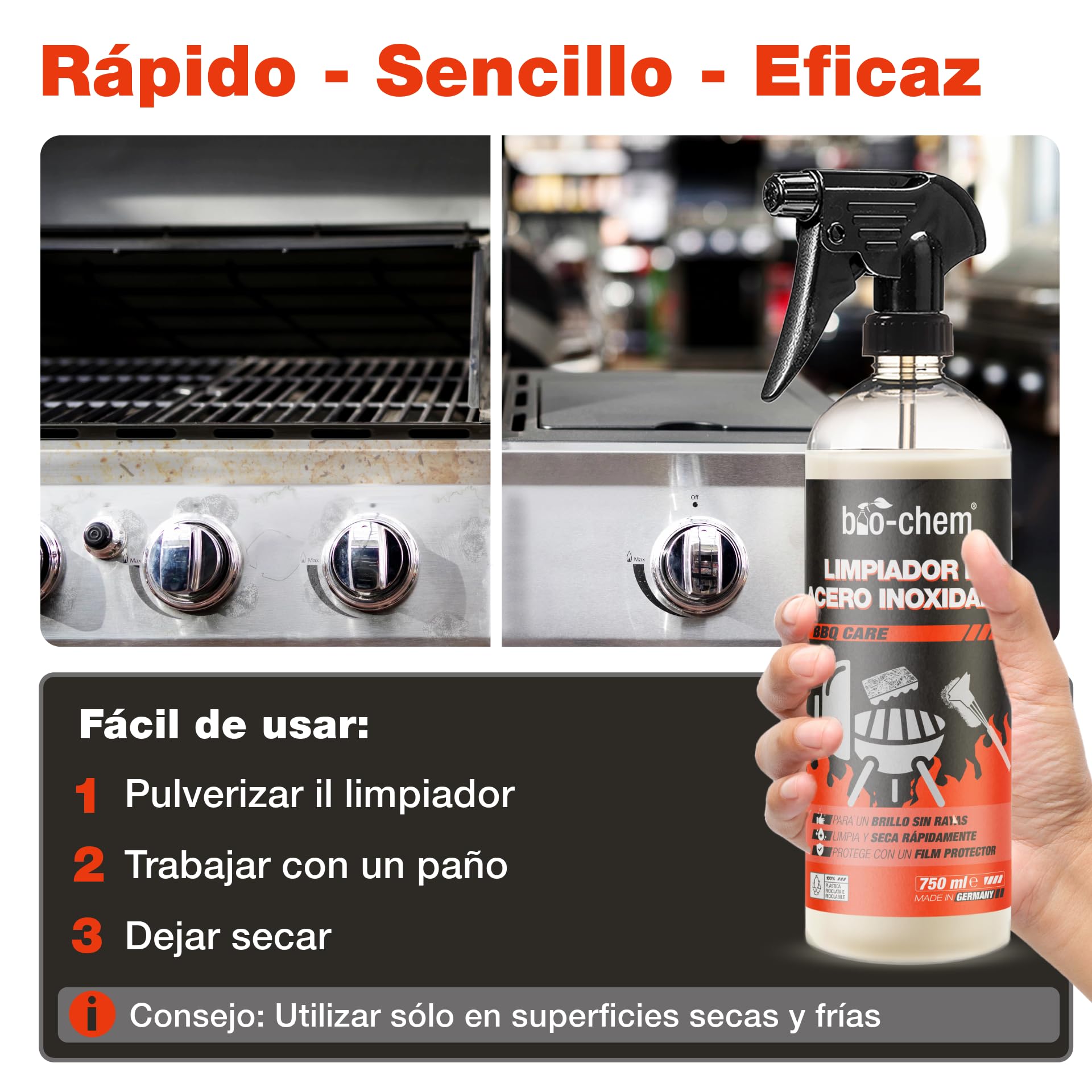 bio-chem Limpiador hornos y barbacoas de acero inoxidable, 10L | Producto en spray limpiador para parrillas, hornos, planchas, cocinas y freidoras - Limpieza del acero inoxidable