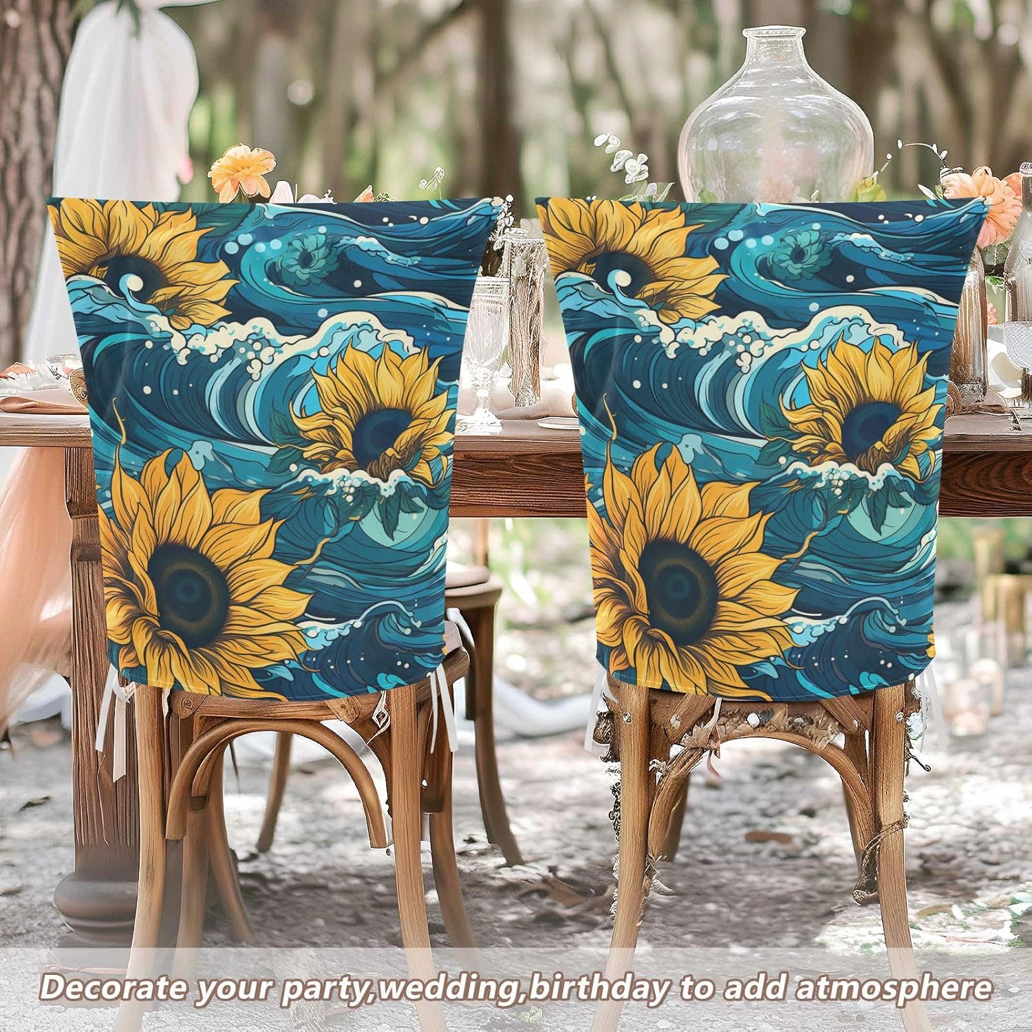 ALAZA Sunflowers on Waves Background Chair Back Cover Set of 6, Washable Reusable Removable Chair Slipcovers Decorative Chair Cover for Home Kitchen Wedding Party