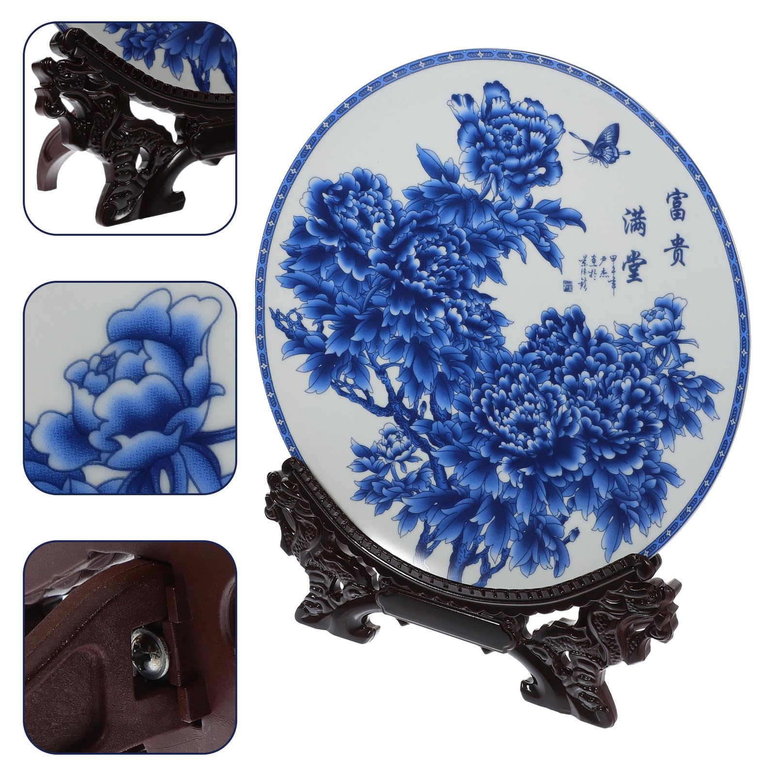 Plato Decorativo Efecto Decorativo Suave y Seguro con Soporte de Madera de Cerámica Azul para Obsequio y Decoración del Hogar
