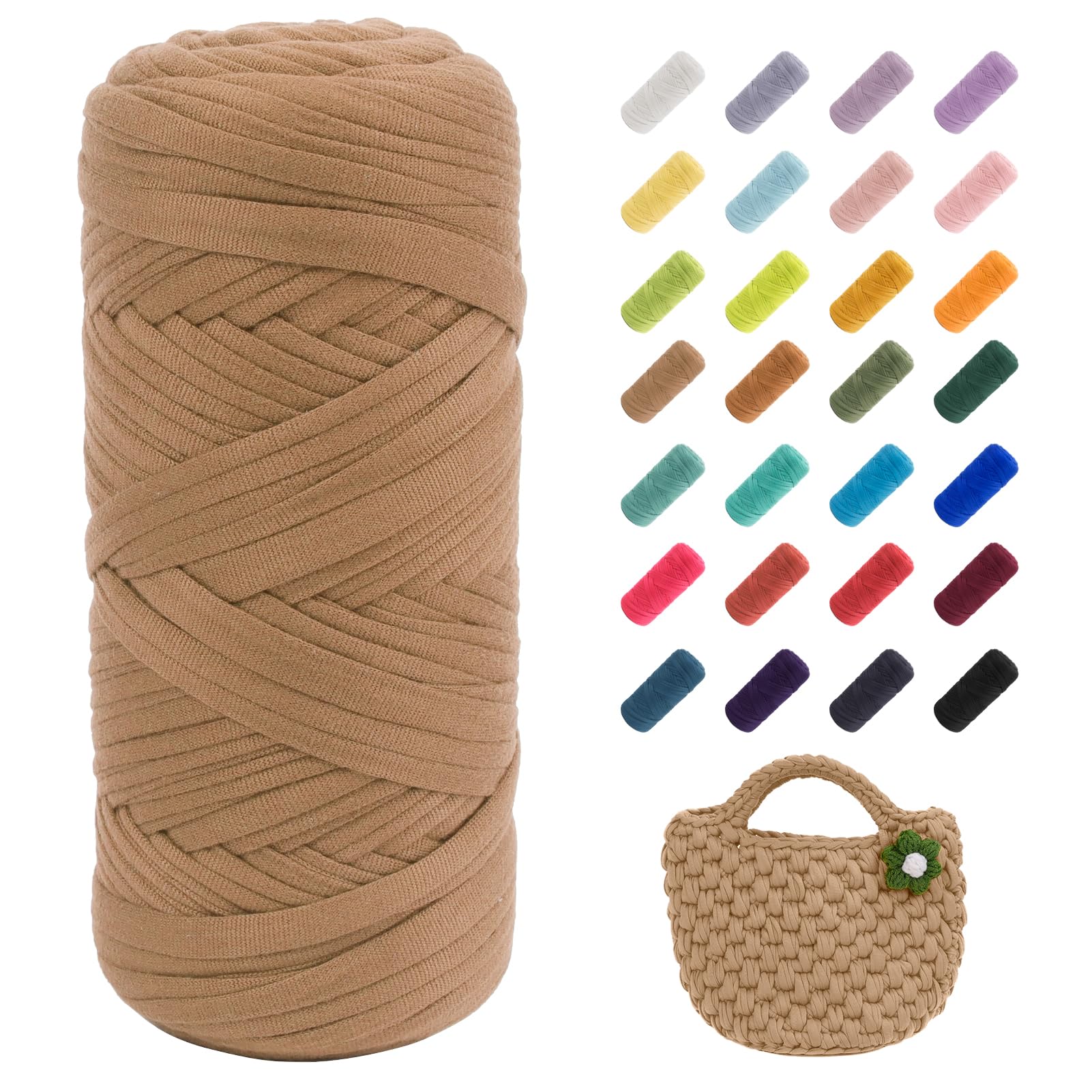 Uiopa T-Shirt Yarn, 200g/196ft Elastic Fabric Cloth Knitting T Shirt Yarn, Coffee Thick Crochet Fabric Ribbon for Crocheting Bags/Baskets/Rugs, Home Decor, DIY Crafts