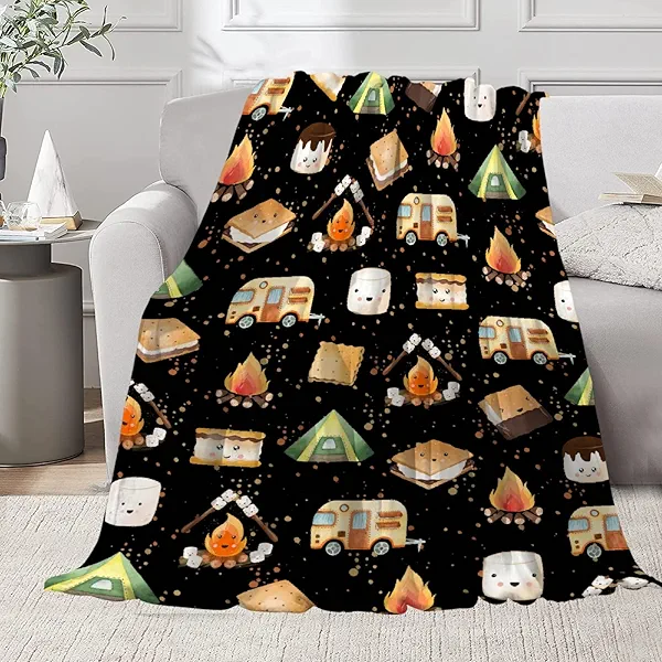 Cute Marshmallow S'mores Throw Blanket | Ultra Soft Plush Warm Roasted Marshalows Blanket for Couch/Sofa or Travel/Camping | 40"x50" Camper Gifts & Home Decor