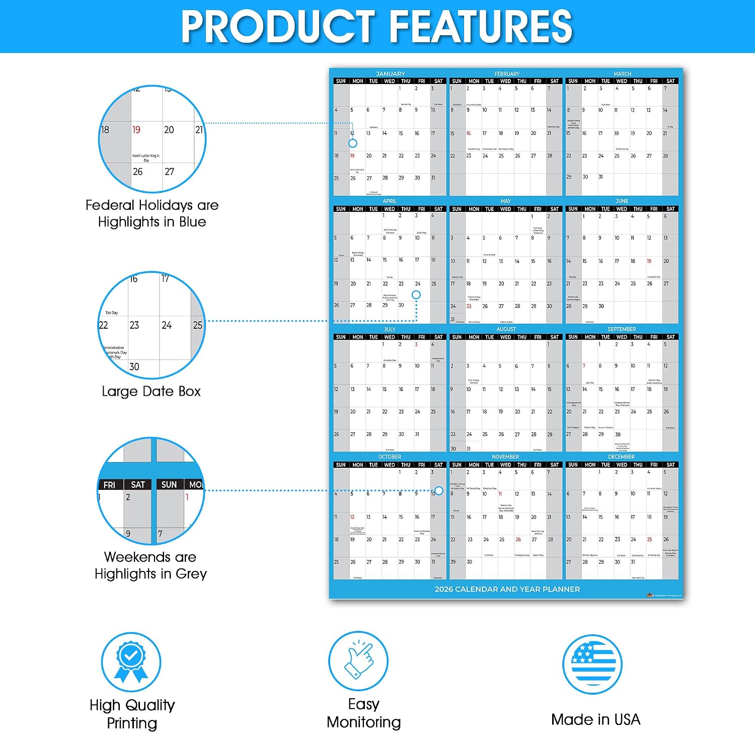 2026 Wall Calendar Large Size 24" x 36", Paper Folded 12 Month Annual Yearly Wall Planner, Reversible, Horizontal/Vertical image 3