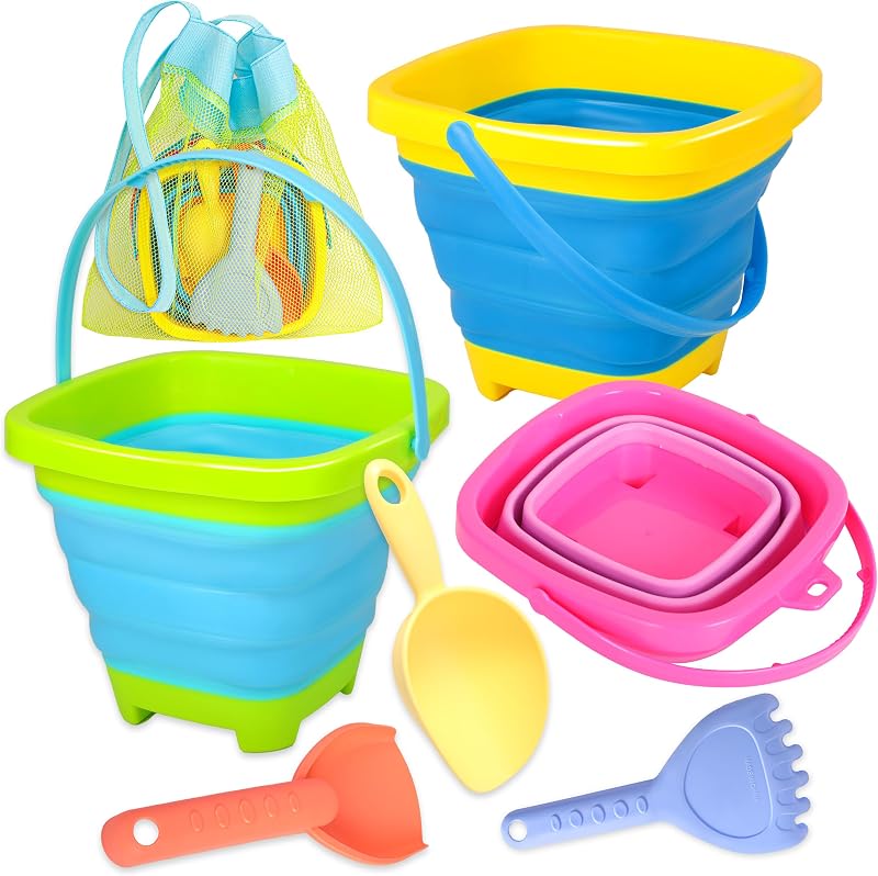 Xgunion Collapsible Beach Sand Bucket 3 Packs with Shovels & Mesh Bag | Foldable Buckets Set Beach Toys for Kids Summer - Portable Collapsible Sand Buckets Yellow Blue Green Pink Medium