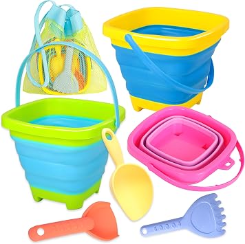 Xgunion Collapsible Beach Sand Bucket 3 Packs Foldable Buckets Set with Shovels & Mesh Bag Collapsible Beach Toys for Kids Summer Yellow, Blue, Green, Pink, Medium