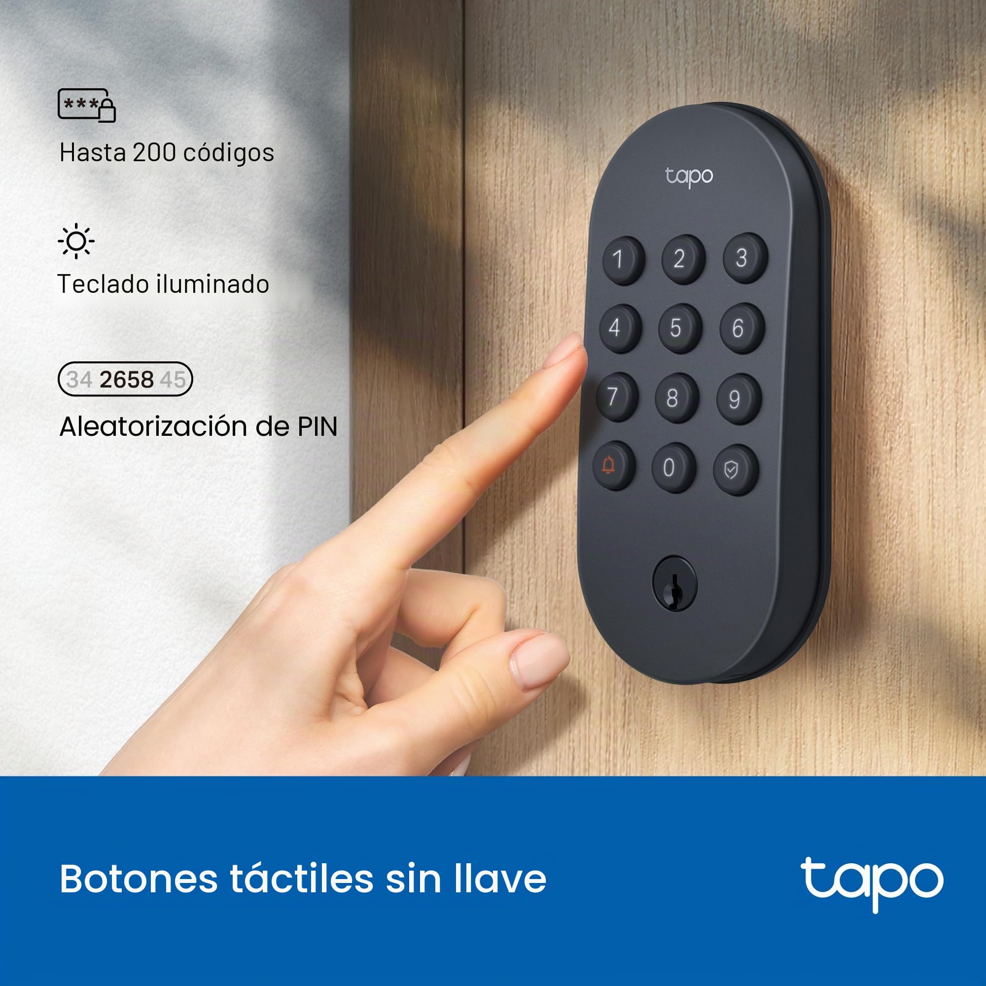 Tapo - Cerradura inteligente de puerta con cerrojo Wi-Fi – Botones táctiles sin llave, acceso personalizado con monitoreo en la aplicación, bloqueo automático, resistente a la intemperie IP54, grado
