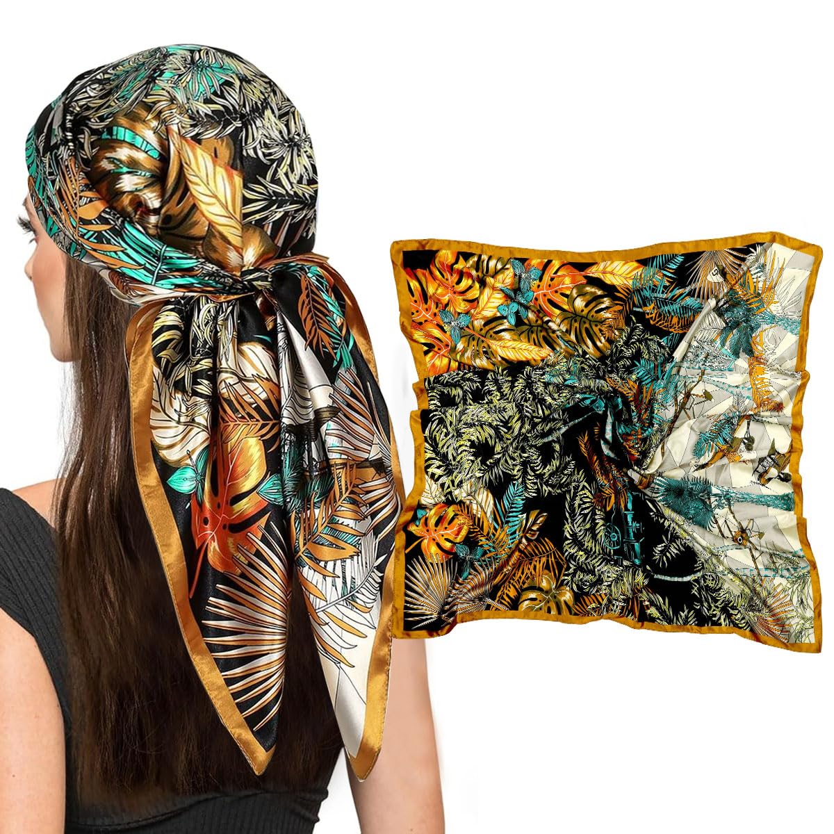 Women Neck Scarf Silk Scarf Luxury Silk-Touch Head Scarf Neck Scarf Elegant Floral 35 In Square Scarf Head Wrap Hair Wrap Fashion Women Scarf Gift For Women, Female, Black