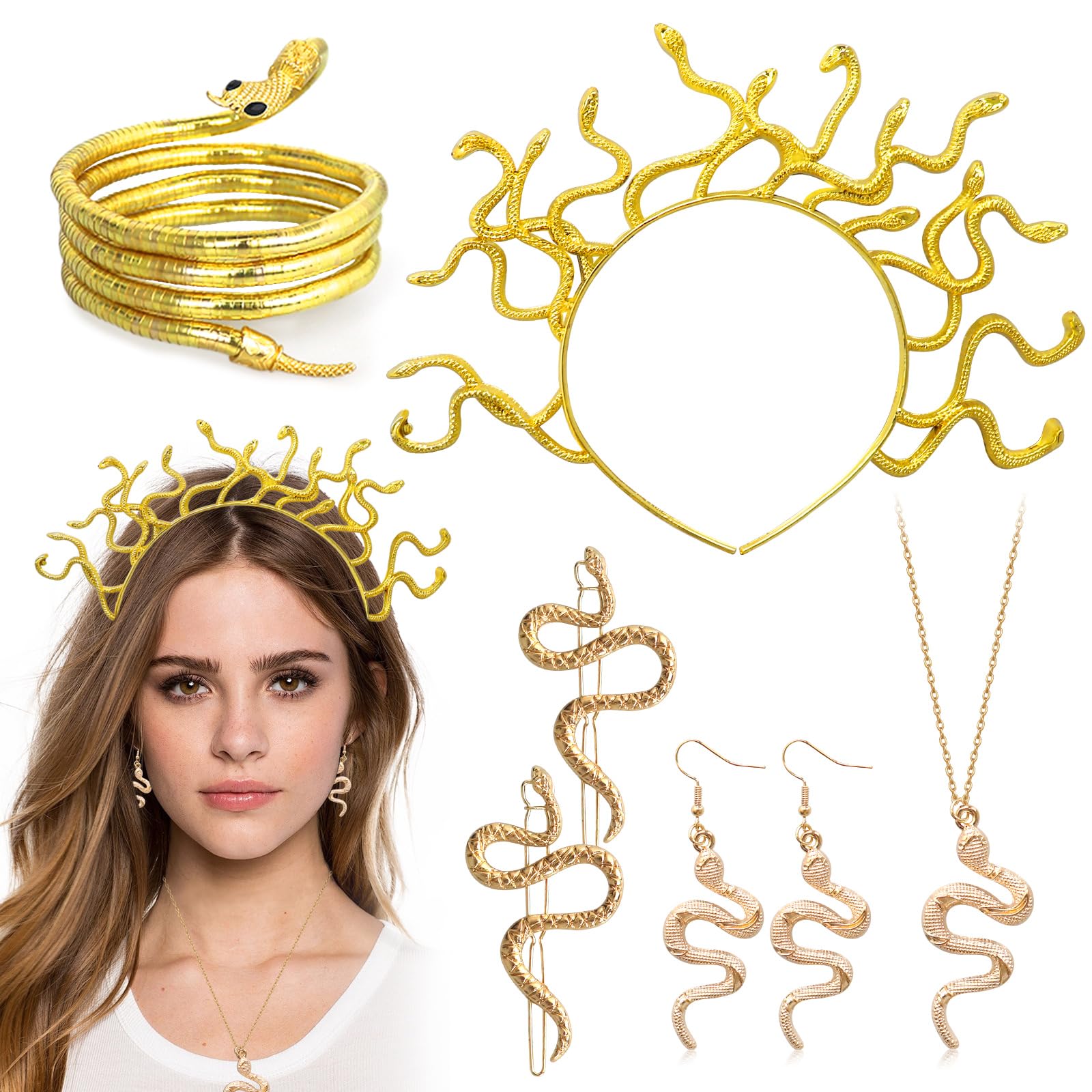 Oerphh 7pcs Medusa Party Accessories, Snake Jewelry Set including Headband, Bracelet, Necklace, Earrings
