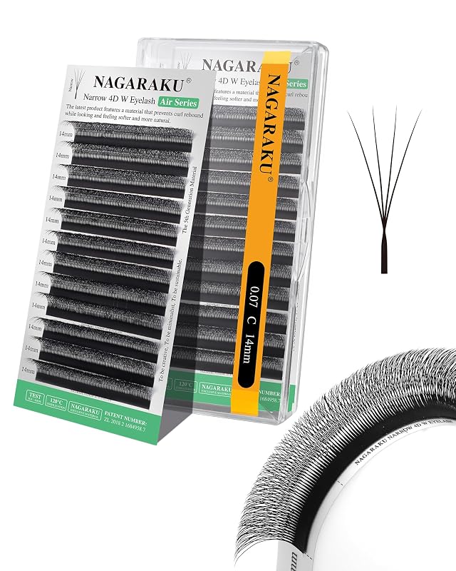 Extensões de cílios pré-montadas NAGARAKU 4D Clover W estreitas, curvatura C, 0,07 mm, 14 mm, pretas