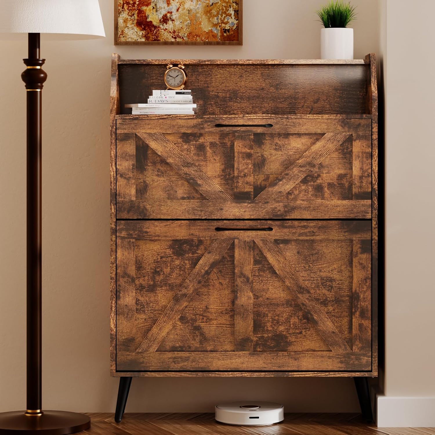 Shoe Cabinet for Entryway, Shoe Organizer Cabinet Slim 9.35", Flip Drawer Shoe Rack with Top Shelf, Narrow Wood Shoe Storage for 34 Pairs, Modern Rustic Entryway Furniture