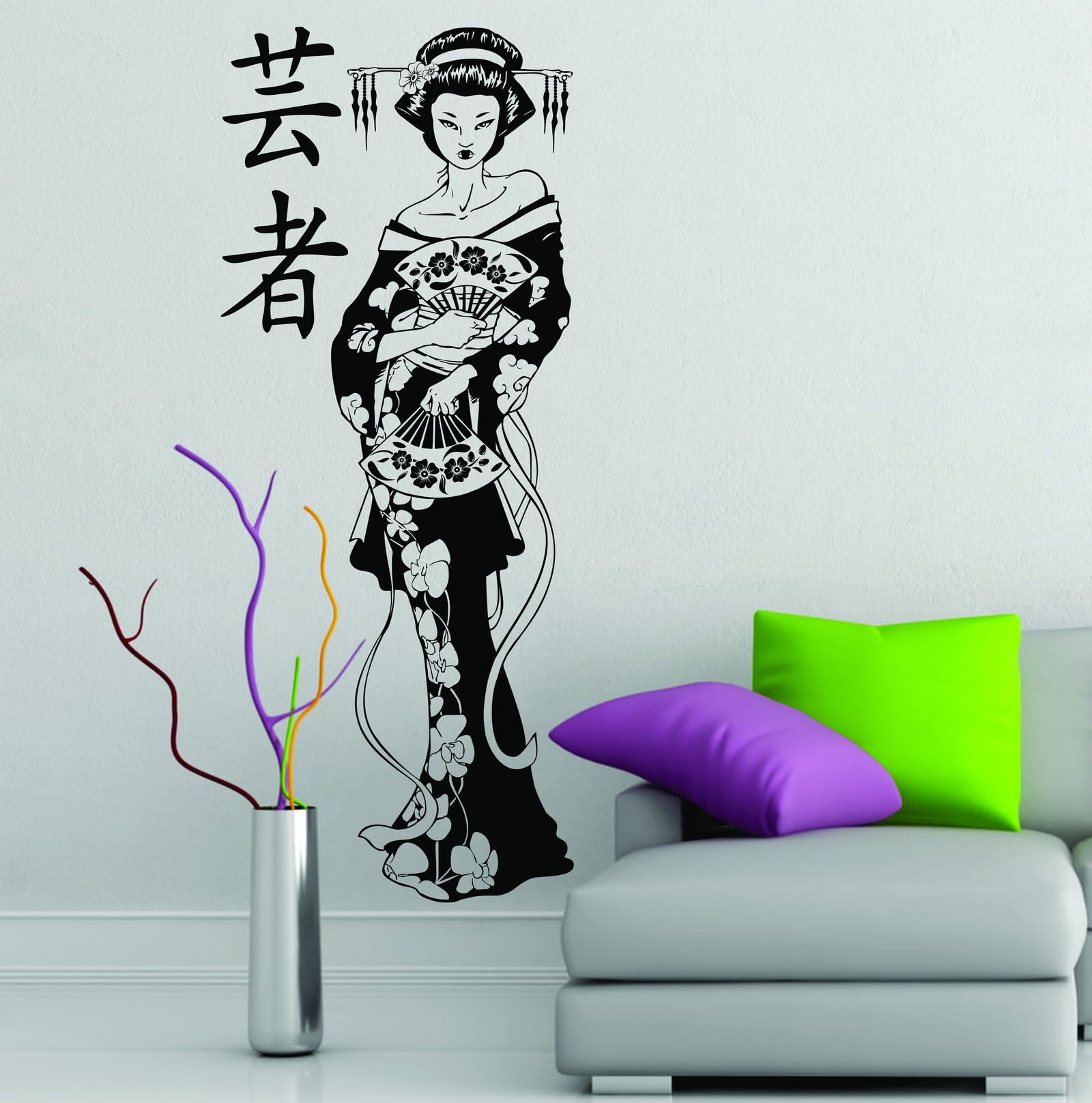 Geisha Fan Blossom Traditional Japanese Decor Manga Girl Anime Art Decor Vinyl Wall Sticker Car Decal (Medium 100 cm x 40 cm, Black)