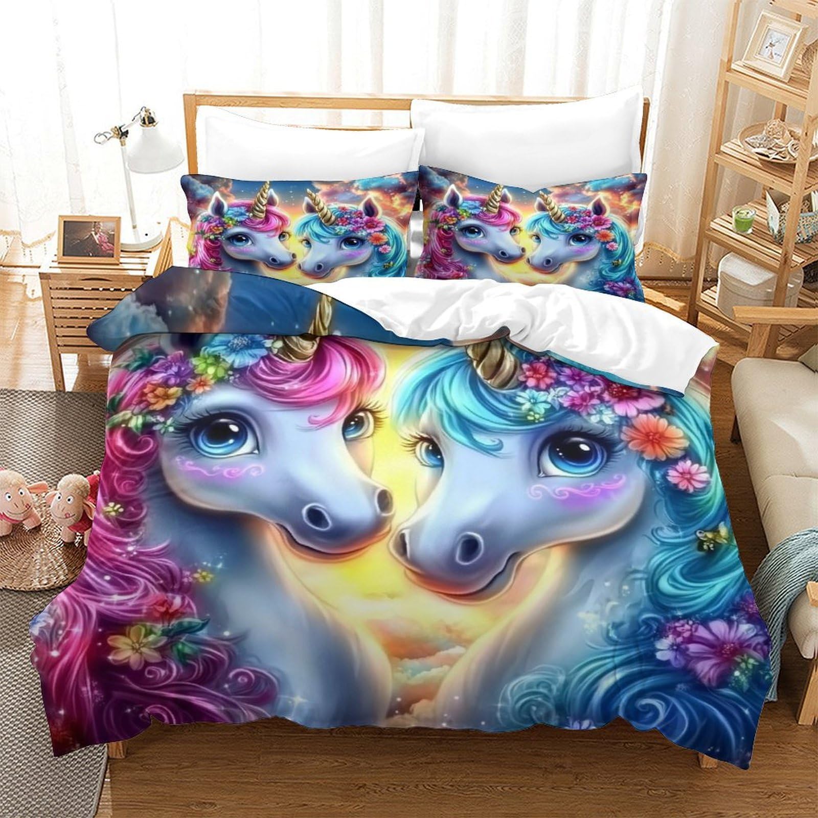Einhorn-Pärchen 3D Bedruckt Deckenbezug 3teilig Mikrofaser leichtgewichtig Fantasie Deckenbezug 2 Kissenbezüge fleckenfest Kinder Jugendliche Super King（260x220cm）