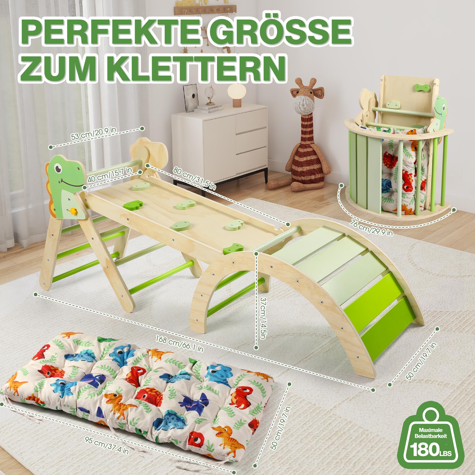 7-in-1 Montessori Kletterdreieck Set mit Rutsche, Kletterbogen & weichem Kissen – Holz Klettergerüst für Babys & Kleinkinder, Indoor Spielgerät, faltbar & sicher (Dinosaur)