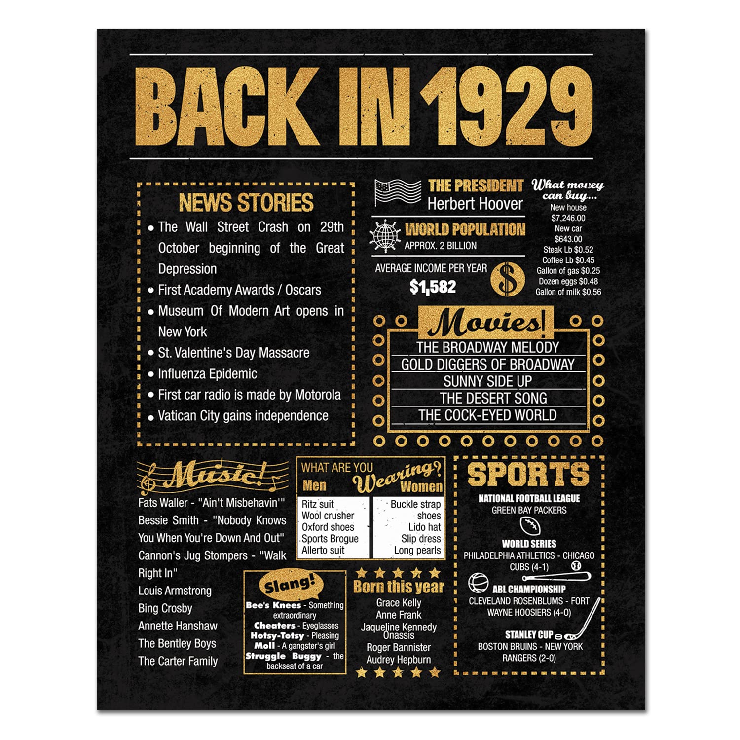 8x10 1929 Birthday Gift // Back in 1929 Newspaper Poster // 96th Birthday Gift // 96th Party Decoration // 96th Birthday Sign // Born in 1929 Print (Gold, 1929)
