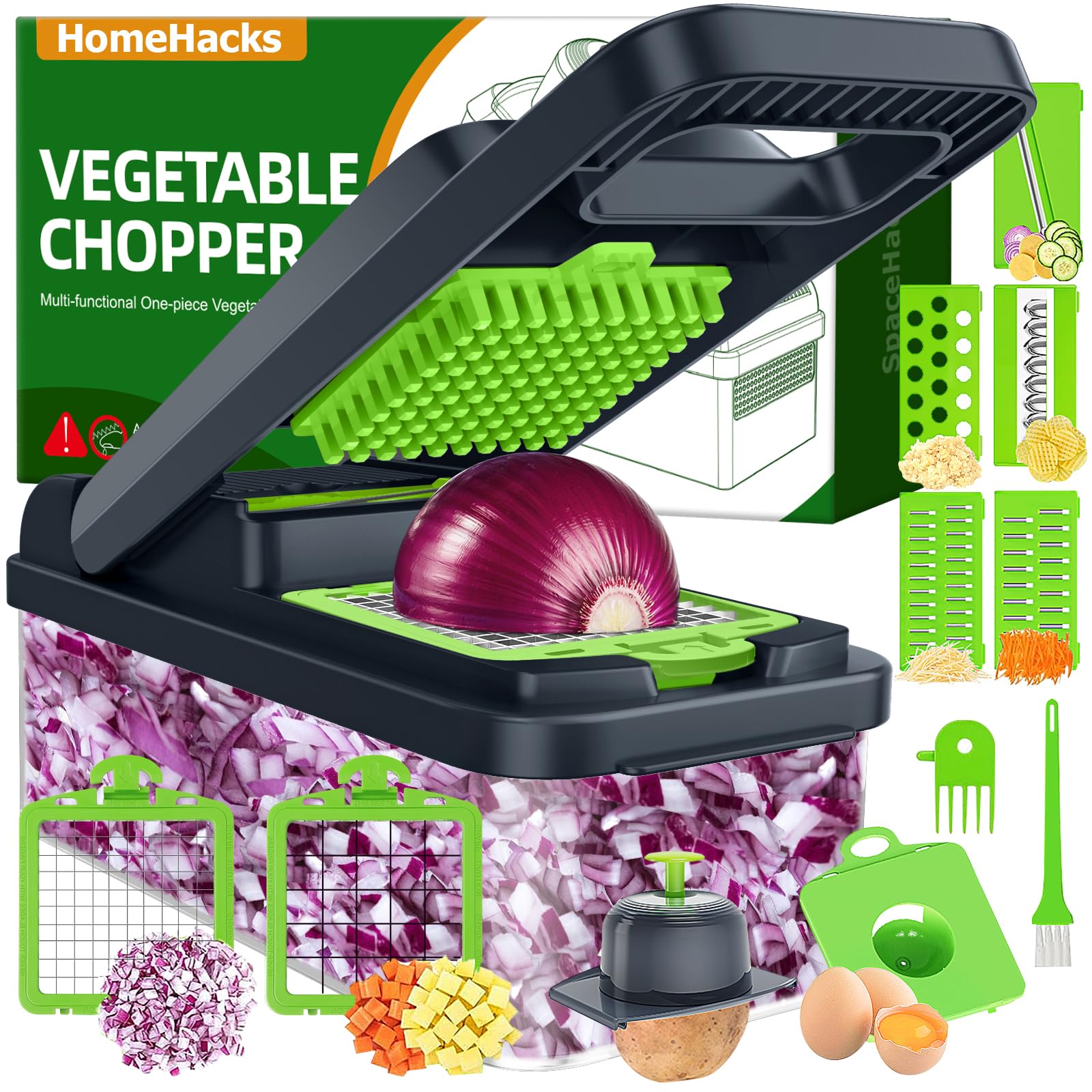 HomeHacks Veggie Chopper Vegetable Cutter, 12 in 1 Kitchen Gadget, Green