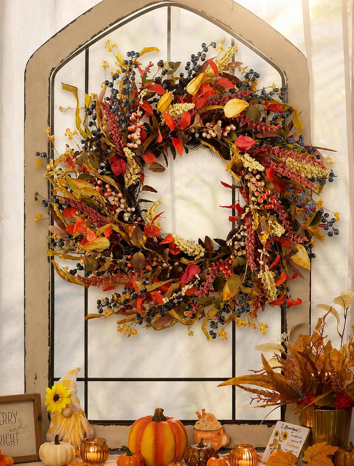 26" Fall Berry Wreaths for Front Door: Large Thanksgiving Decor | Includes 15 Inch Metal Hanger, Harvest Autumn Wreath, Full & Vivid, for Outdoor Porch or Indoor Mantel