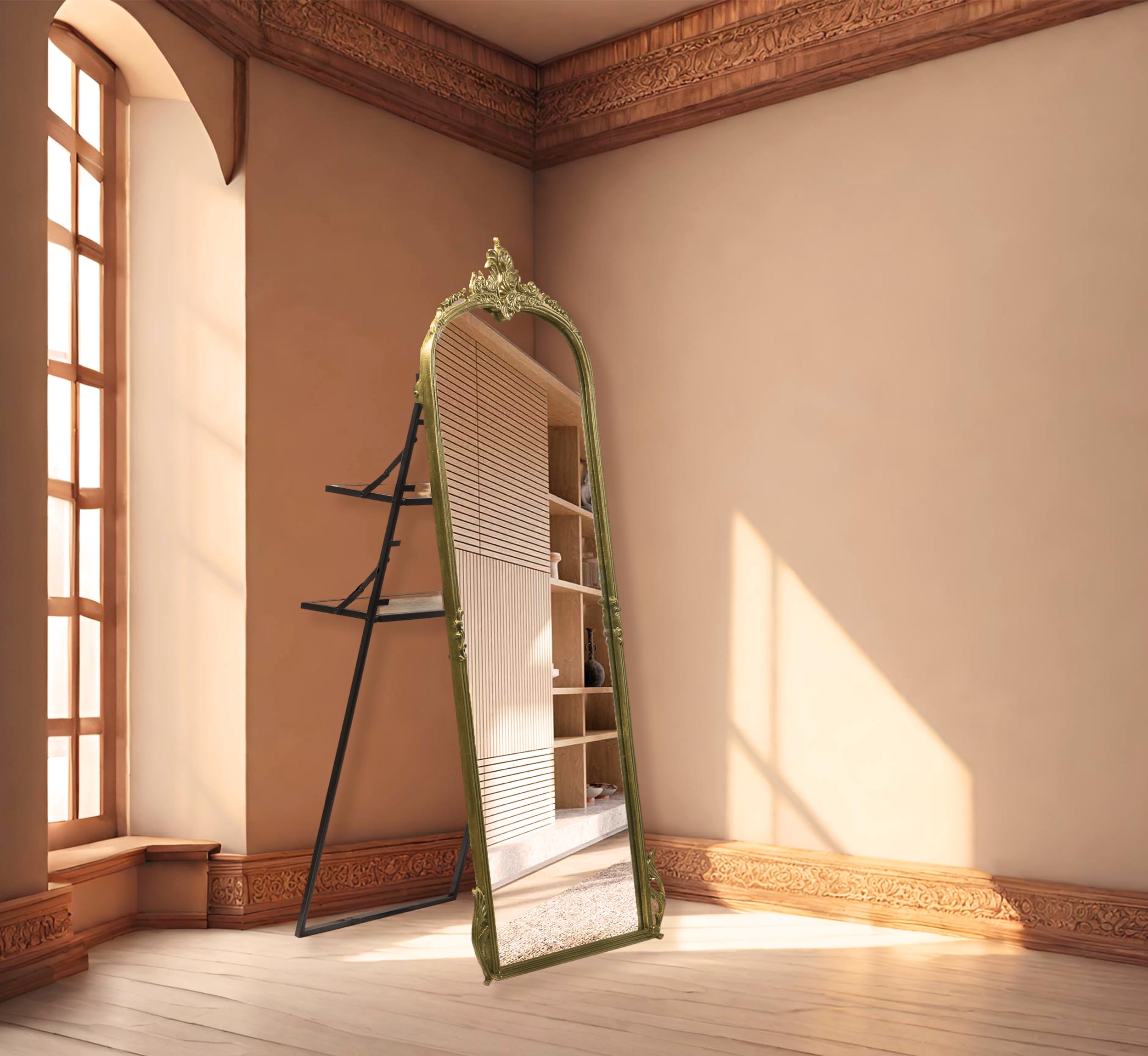 CORSICA DESIGNS Aluminium | Full Length Victorian Arched Mirror | Rust-Resistant & Shatterproof Wall Mirror | Living Room, Bedroom & Dressing (Glam Gold with Stand, 5X2Ft)