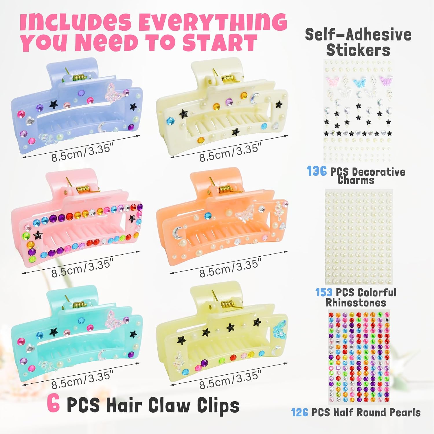 Amarys Hearth 6 Pack Hair Claw Clips Making Kit, 421 Pcs DIY Acrylic Hair Clamps Set with Rhinestone Crystal Beads, Strong Hold Jaw Clips Handmade Craft Hair Accessories for Women