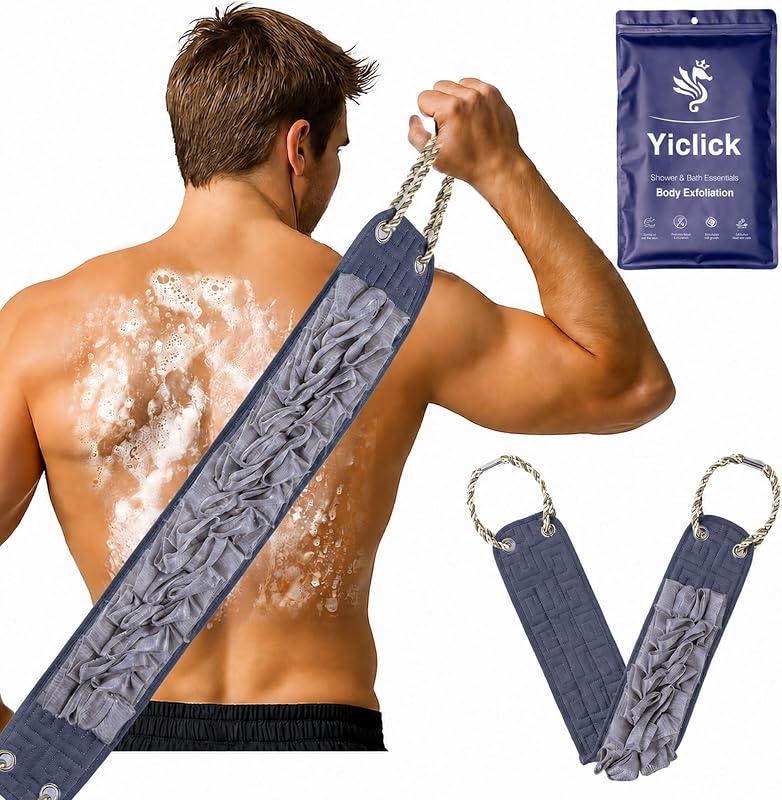 Esponja de banho Yiclick para costas com alça, dupla textura, cinza