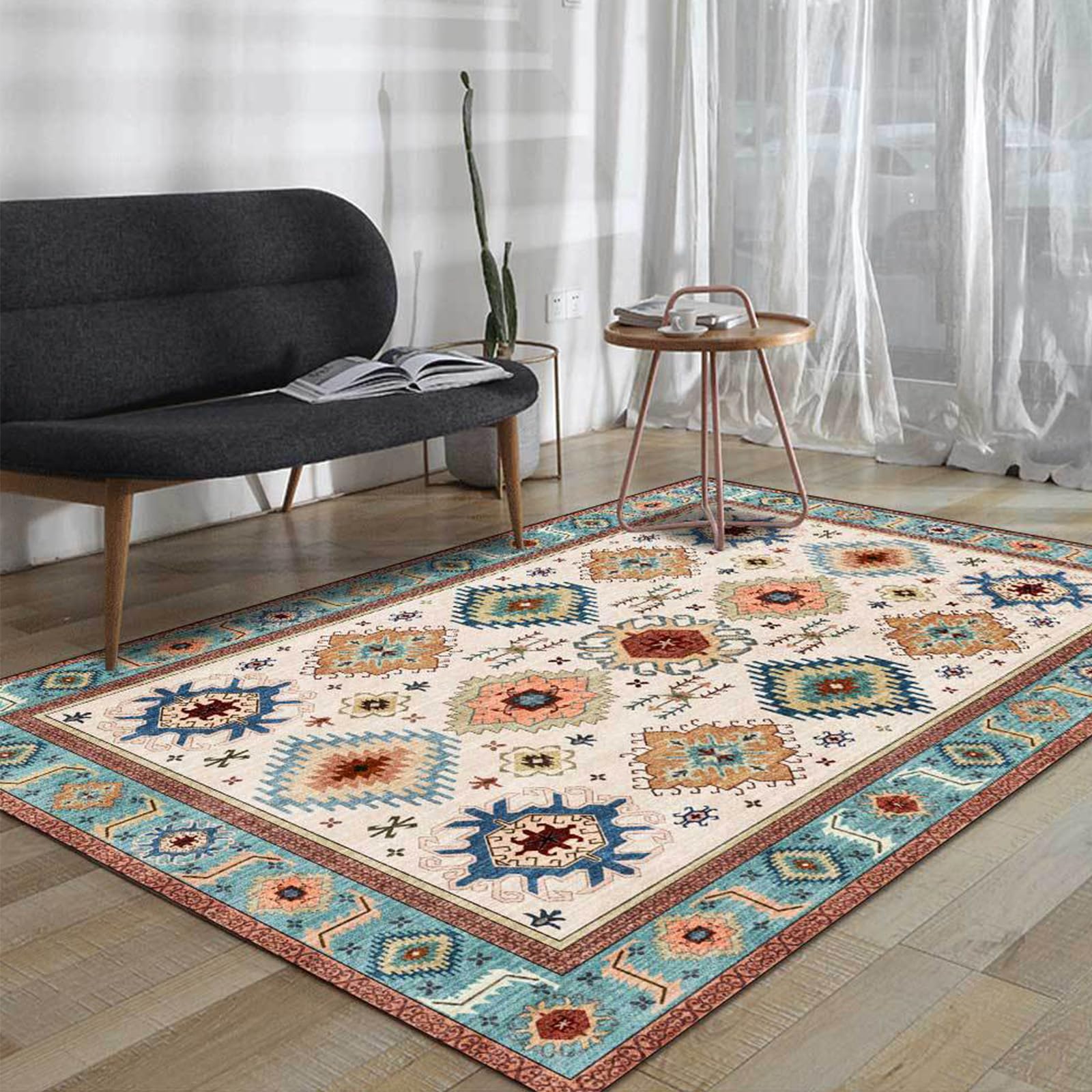 Taidianolp Area Rugs Living Room,Blue,160 x 200 cm,Teal Blue Marble Green Deep Sea Blue Vintage Traditional Patterns,Soft Short Pile Carpet Rugs Bedroom Medium Dining Room,