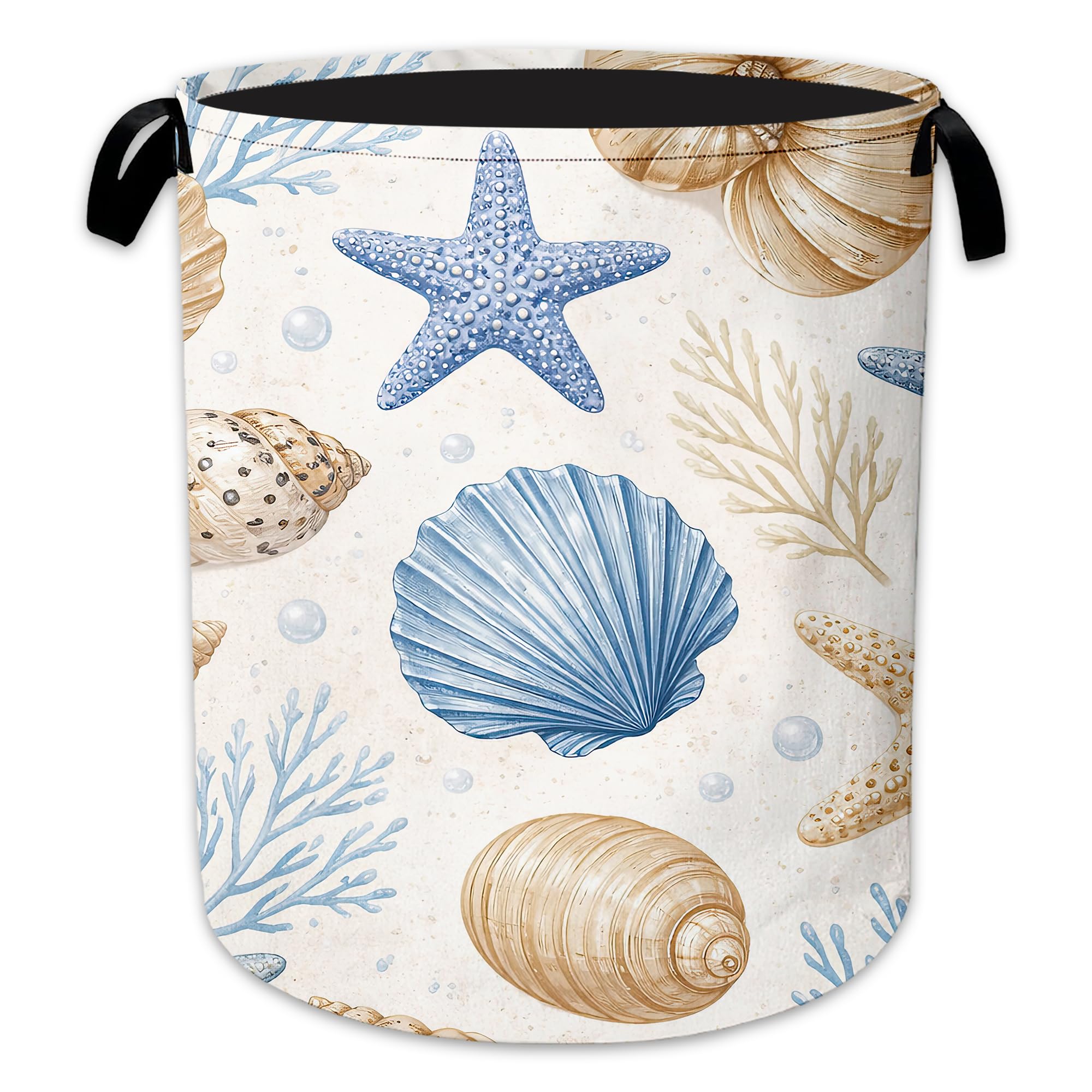 Seashell Starfish Laundry Basket, Ocean Coastal Collapsible Laundry Hamper Waterproof Oxford Cloth With Handles, Clothes Storage Bucket For Bathroom/Bedroom 16" x 20.8"