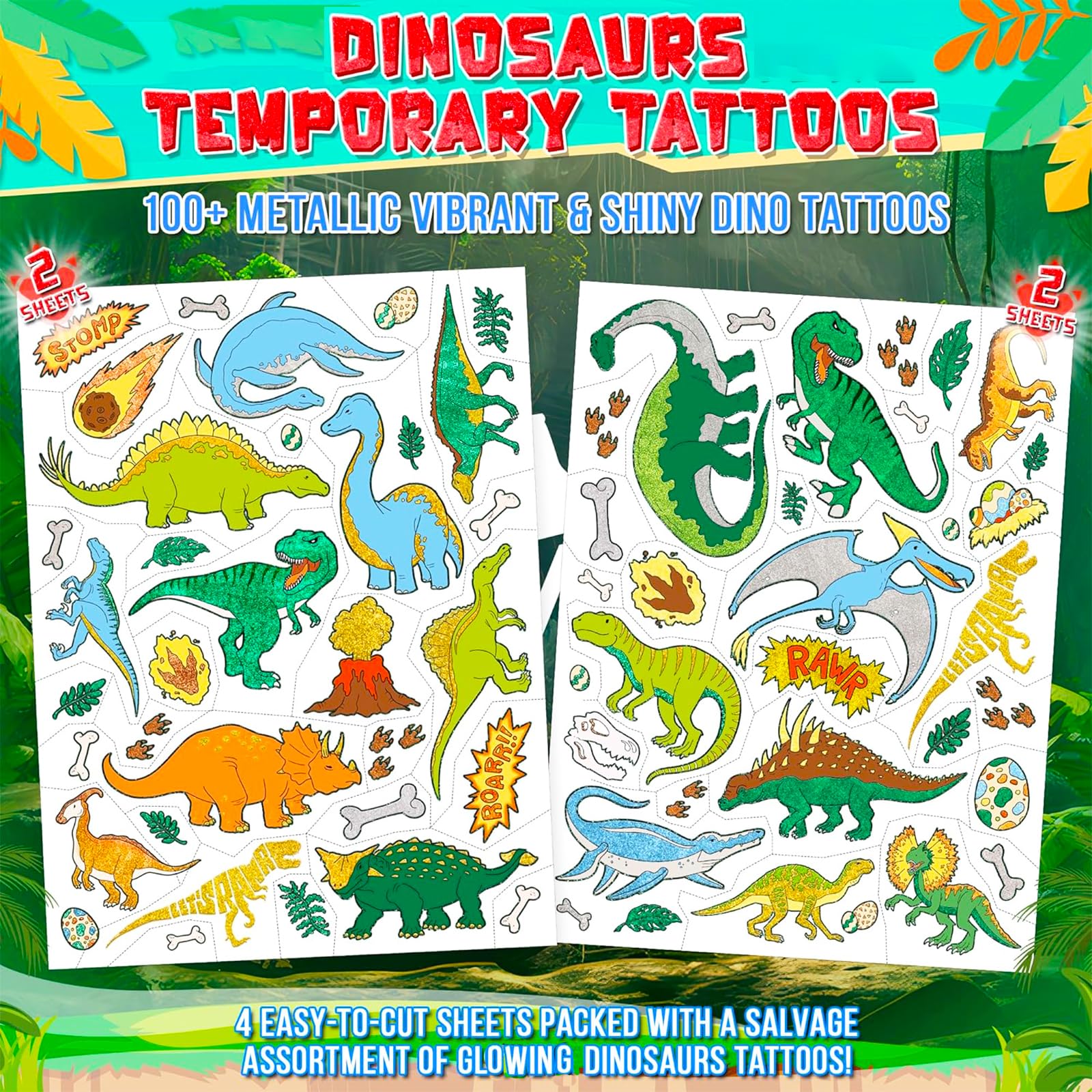Snapklik.com : Savvi Dinosaur Temporary Tattoos For Kids - 50 Glow In ...