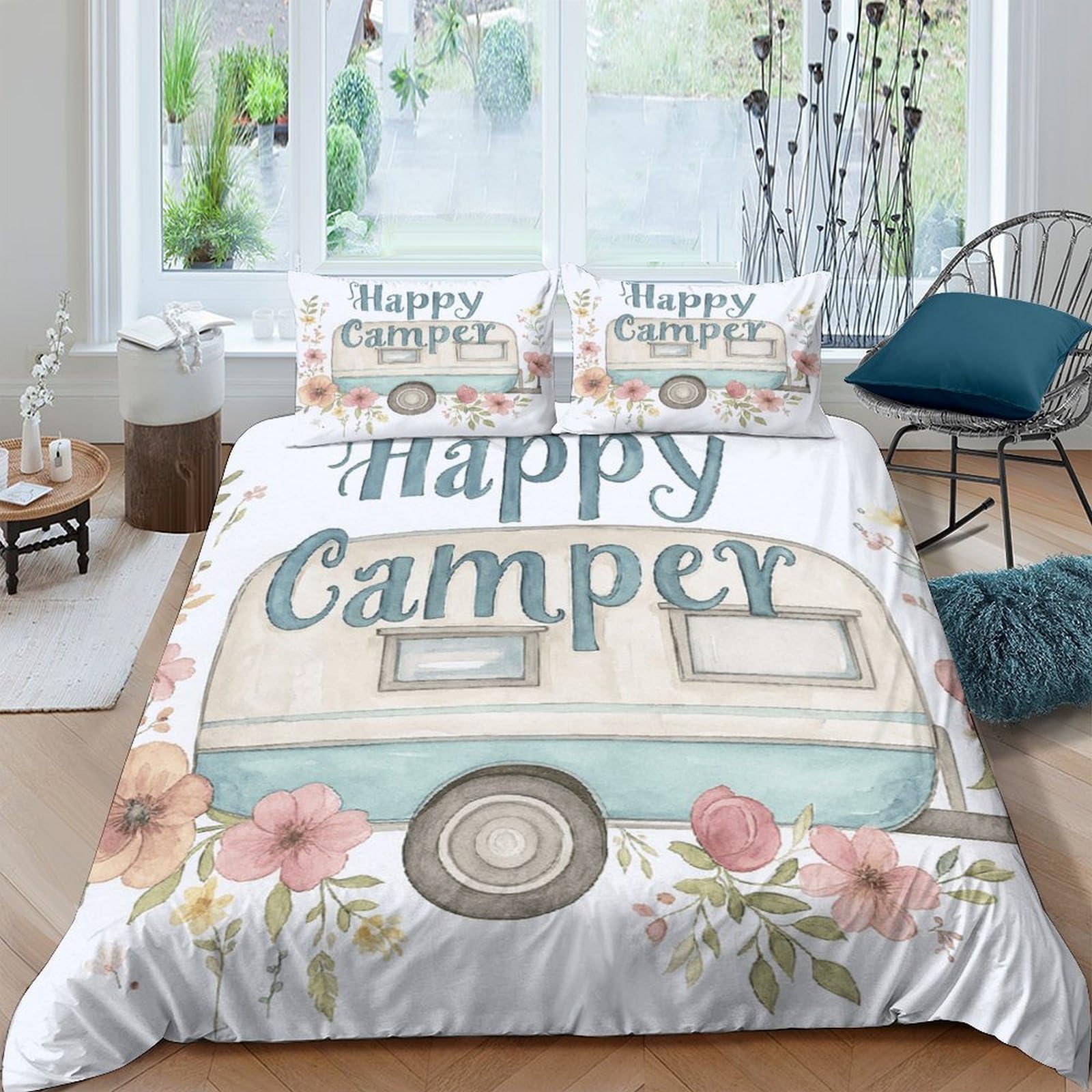Ctjqhvkz Style-4 3D Printed Happy Camper Fitted Sheet Microfiber Soft Floral Caravan Bed Cover For Bedroom Guest Room Mattress Decor Single（135X200cm）