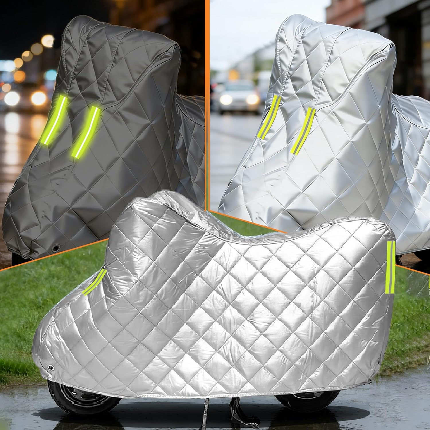 Motorcycle cover with reflective strips visible in daylight and at night