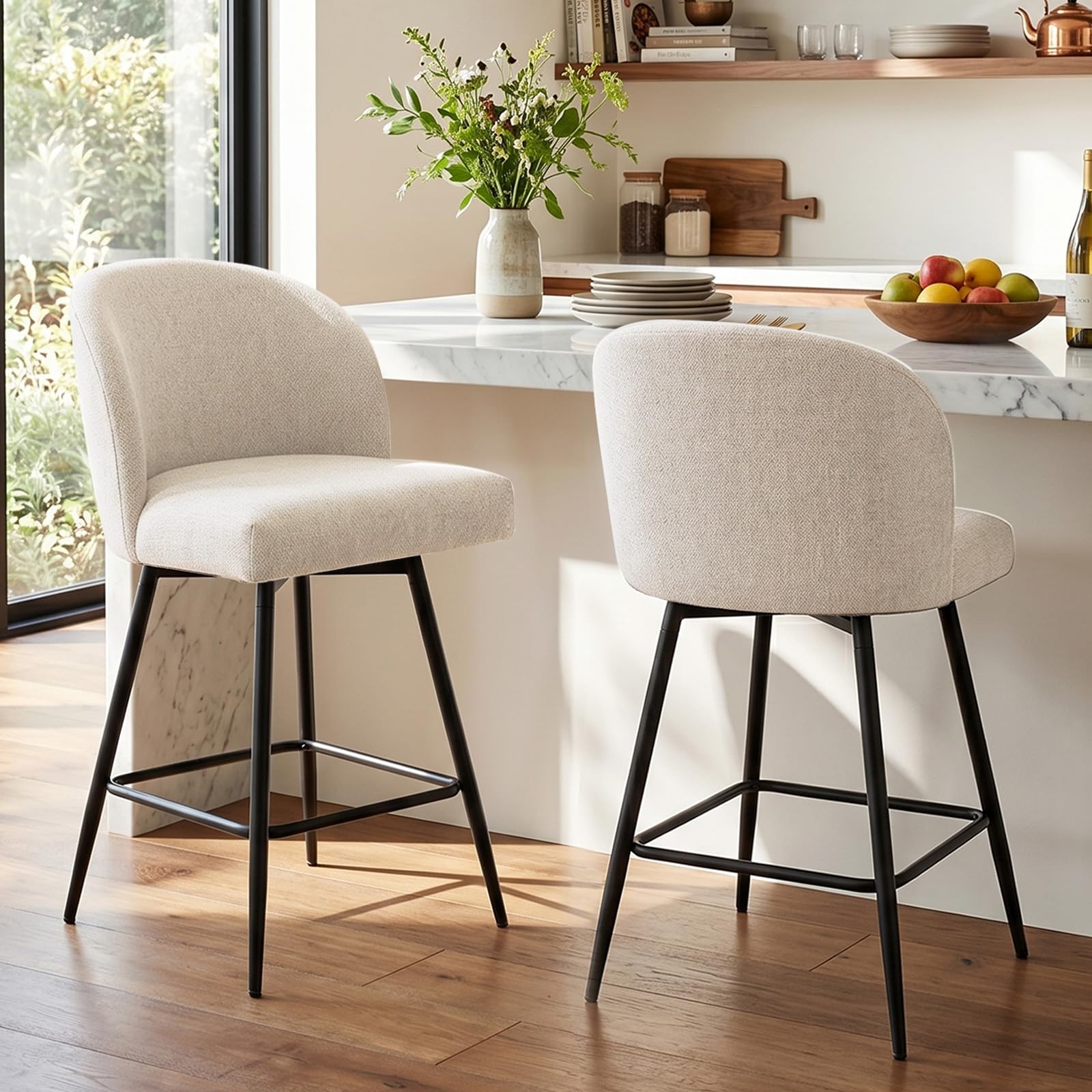 counter height bar stools set of 2, 360° swivel upholstered barstools with backs and metal legs, 26" h seat height, linen fabric in beige