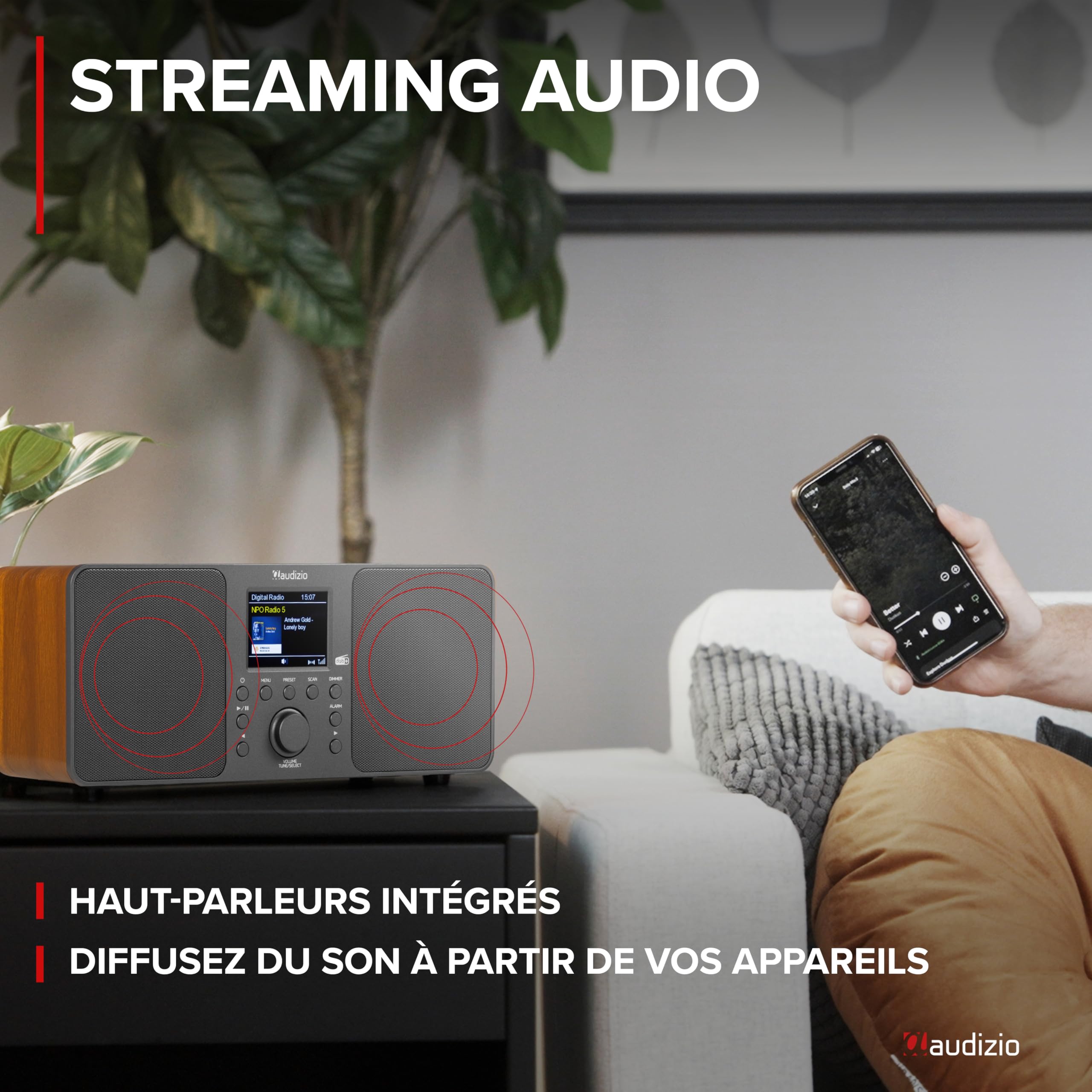 Audizio Genua Radio DAB+ Bluetooth 5.0 Gris Foncé Écran Couleur 2,8" Deux Haut-Parleurs Sortie Casque Port USB Télécommande
