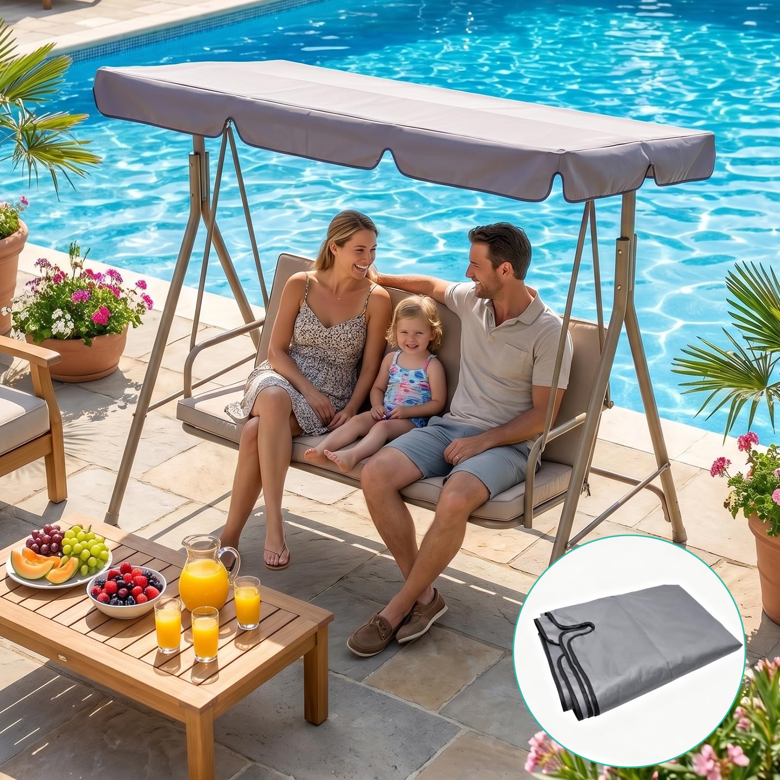 Toit de Balançoire Hollywood Imperméable avec 4 Tunnels Réglables | Toile imperméable pour balançoire avec bande auto-agrippante, Toit de remplacement pour balançoire, Gris, résistant aux UV