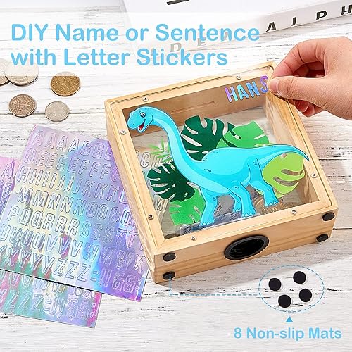 Miniatura 2 de Alcancía de madera para niños y niñas, banco de monedas con nombre de unicornio y dinosaurio con calcomanías de letras